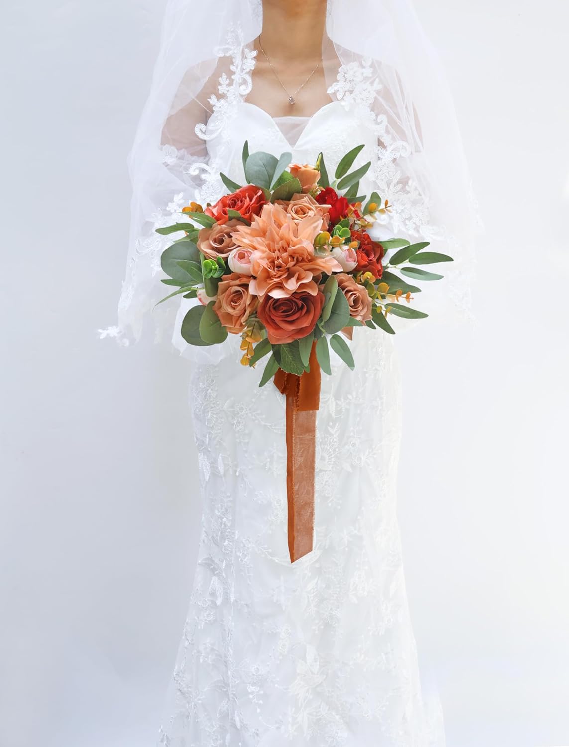 Marriwise Burnt Orange Wedding Bouquets for Bride, Artificial Flowers Terracotta Bouquet for Rustic Wedding Ceremony and Anniversary