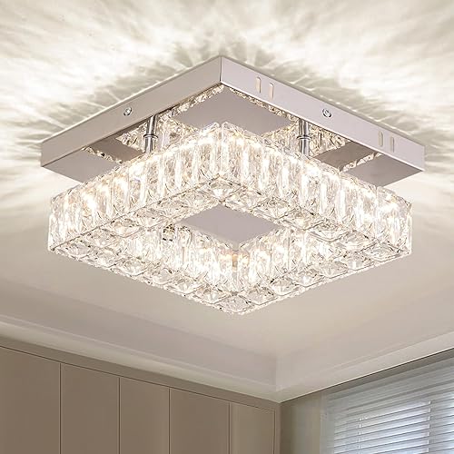 YPQXYHDA 9.8" Modern Crystal Ceiling Light Fixture Mini Square Chandelier Flush Mount Light Fixture Ceiling Lamp for Small Hallway Foyer Entryway