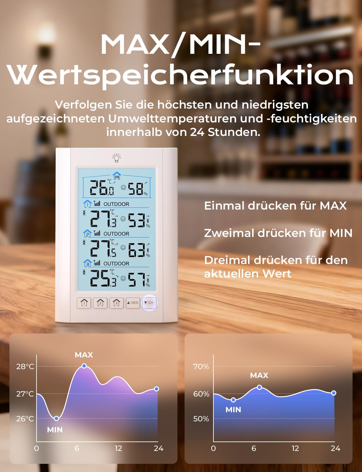LIORQUE Funk Wetterstation mit 3 Außensensoren Digitales Thermometer Hygrometer Innen Funkwetterstation mit 100 m Reichweitensensor Thermo-Hygrometer für Gewächshaus Weinkeller