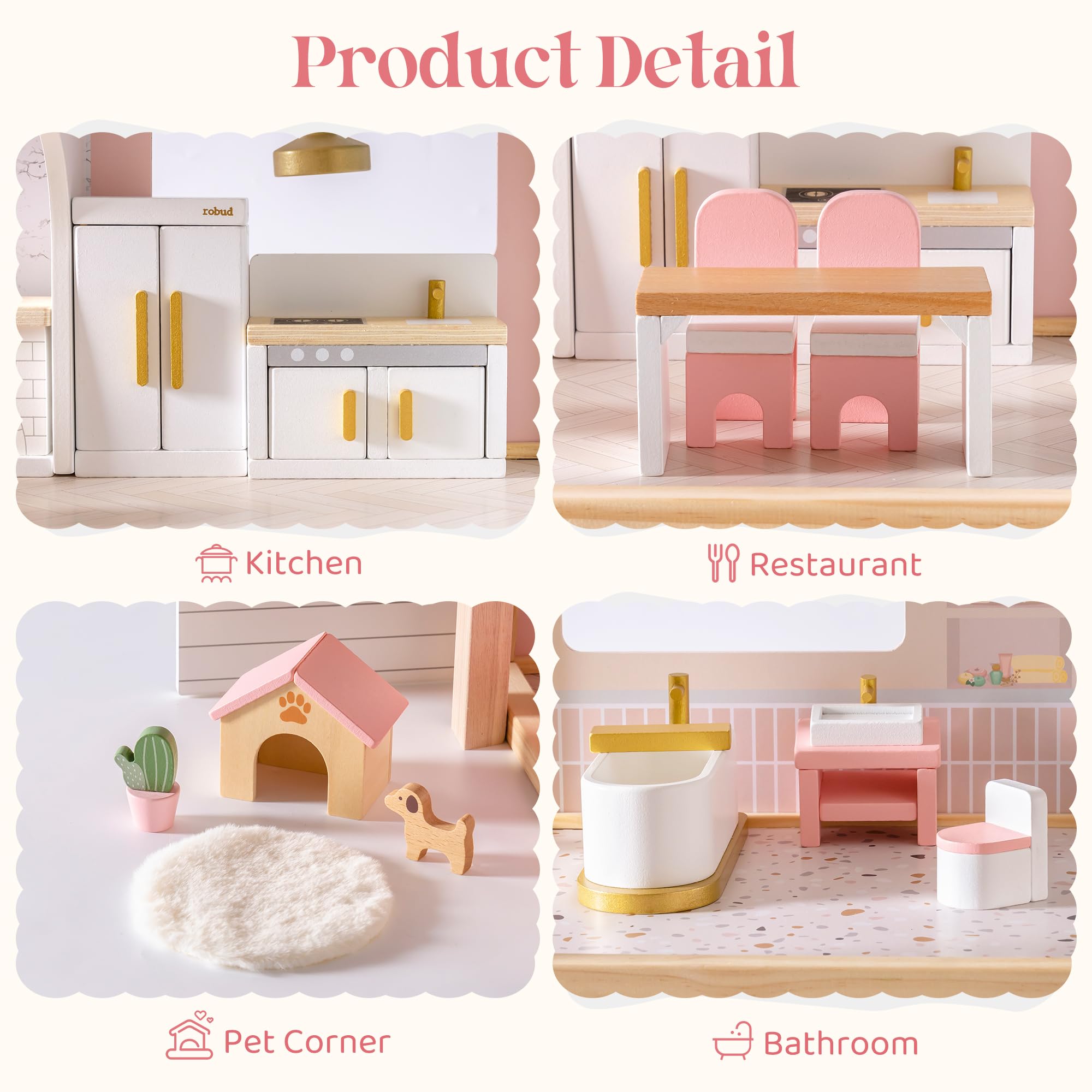 ROBUD Juego de Muebles de Madera para casa de muñecas, 28 Piezas, Accesorios para casa de muñecas, Dormitorio, Cocina, salón, baño, Comedor, Regalo Rosa para niños