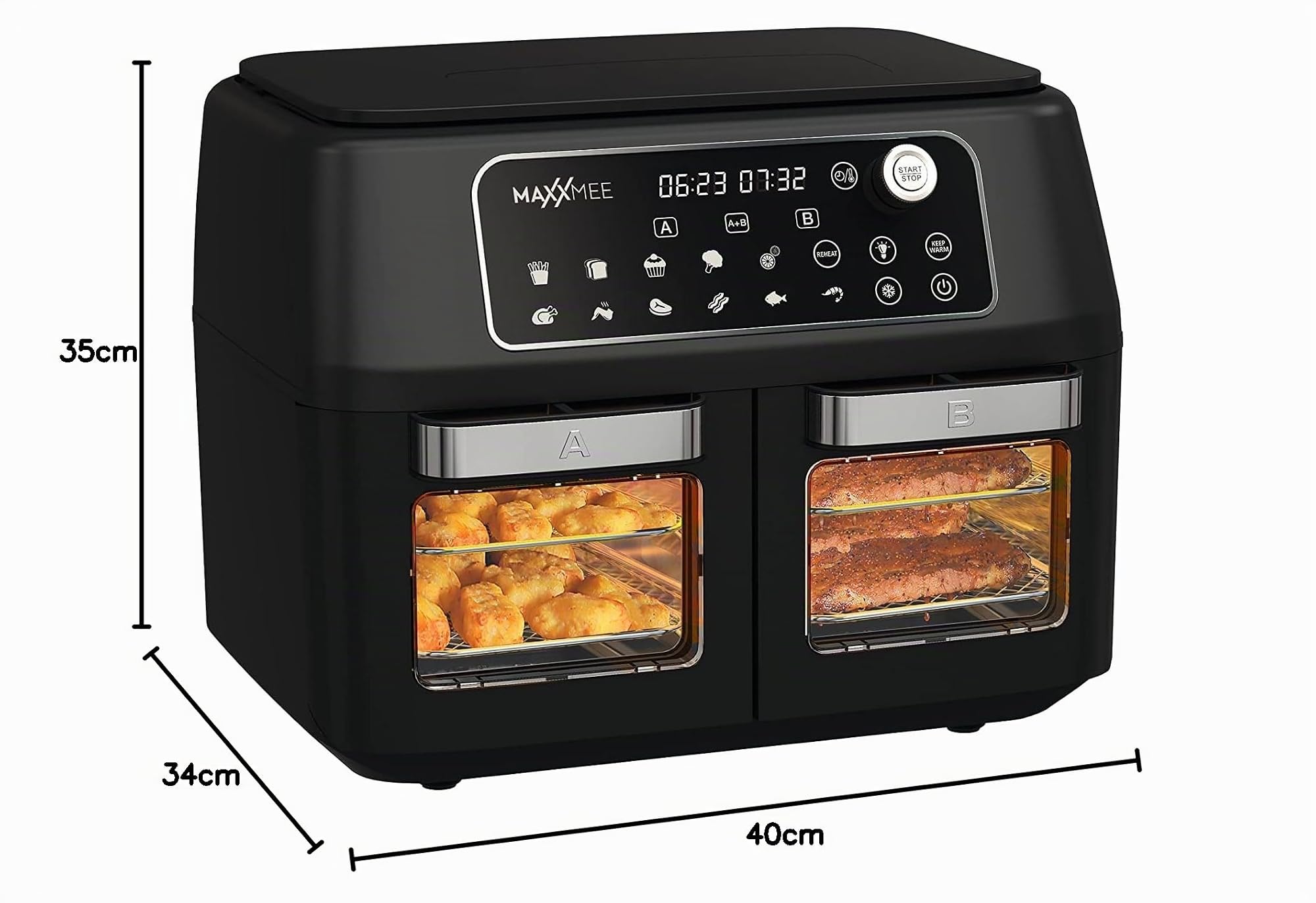 MAXXMEE Freidora de aire caliente de doble cámara 11 l | Combinación inteligente de horno de aire caliente, parrilla y freidora con 2 compartimentos XXL de 5,5 litros cada uno | Panel de control