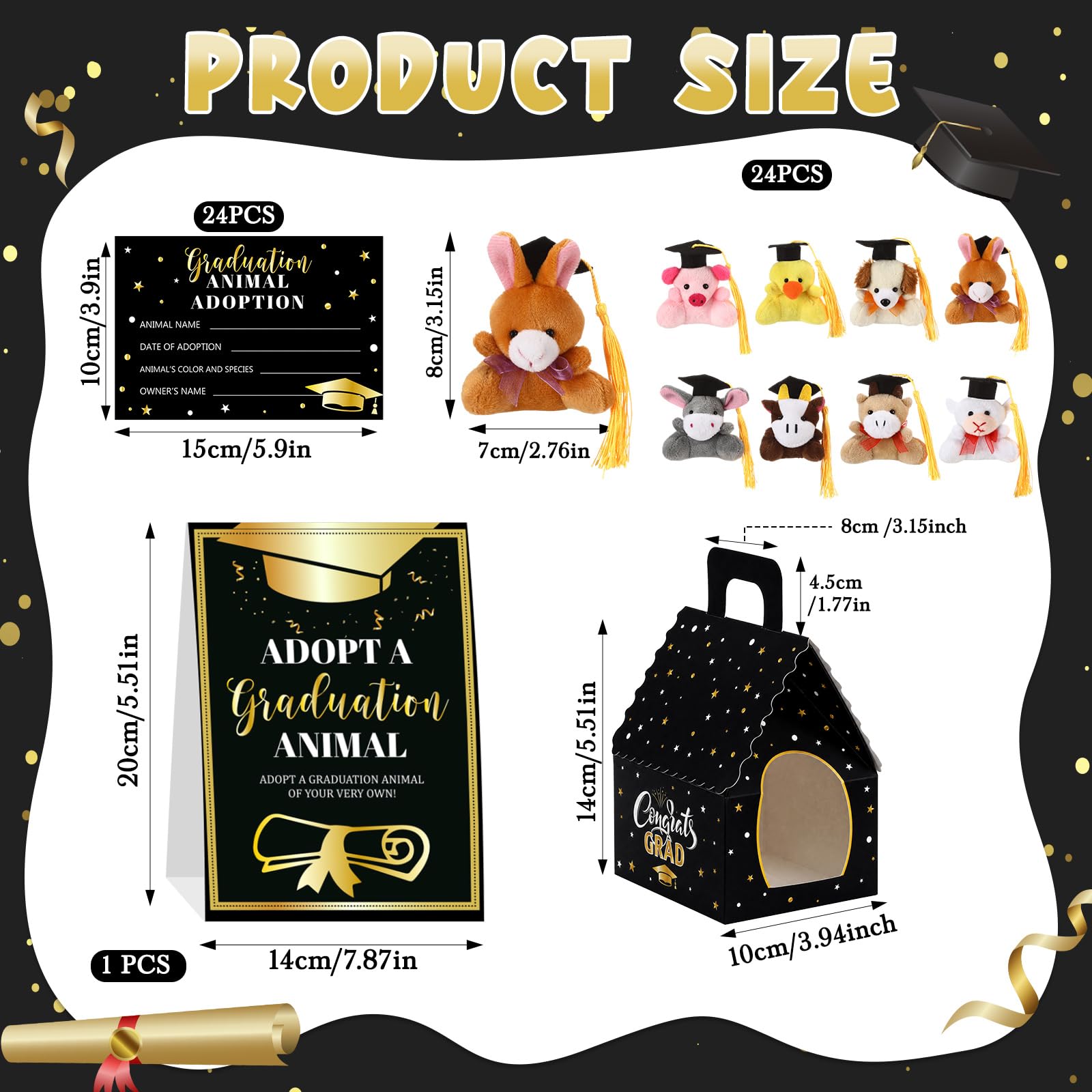 Condition photo showing New/Like New for blueweenly 73 pcs adopt a graduation stuffed animal set mini 2026 graduation plush farm animal bulk toy foldable black carton barn adoption cards 1 pet sign with favor bags for adopt a pet birthday