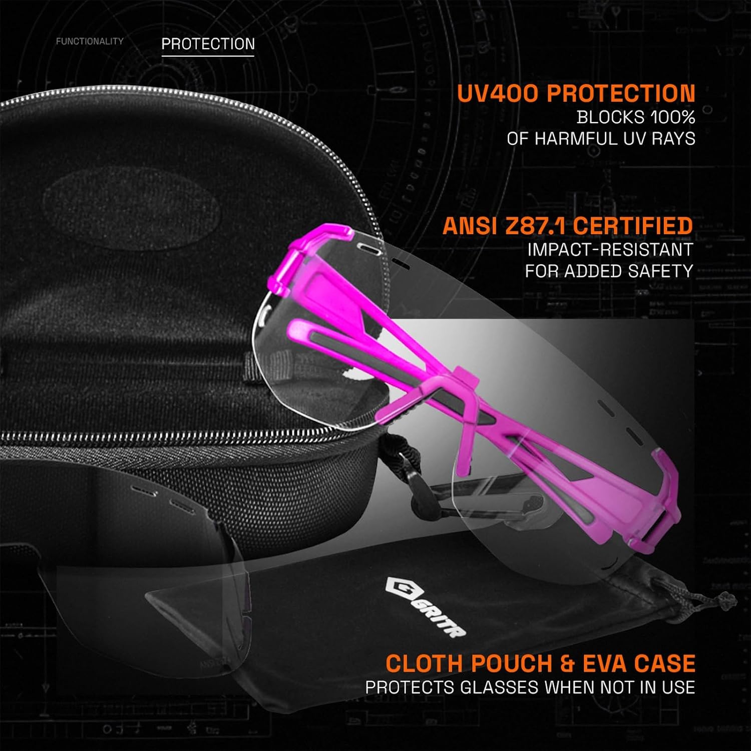 GRITR ANSI Z87.1 Shooting Safety Glasses | UV400, TR90 Frame - Interchangeable Lenses, Soft Pouch, EVA Case Included - for Shooting, Construction, Driving & More