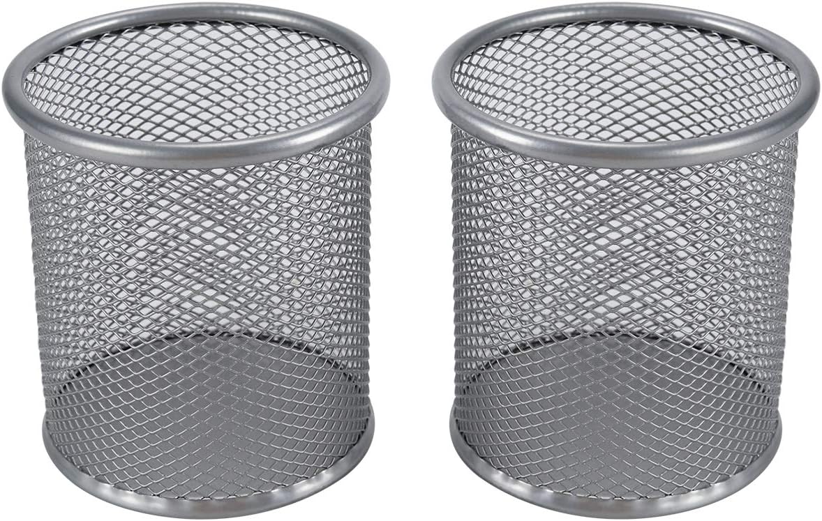 EasyPAG Pencil Holder Mesh Pen Cup Marker Holder Makeup Brush Holders for Home, School & Office, 2 Pack, Silver