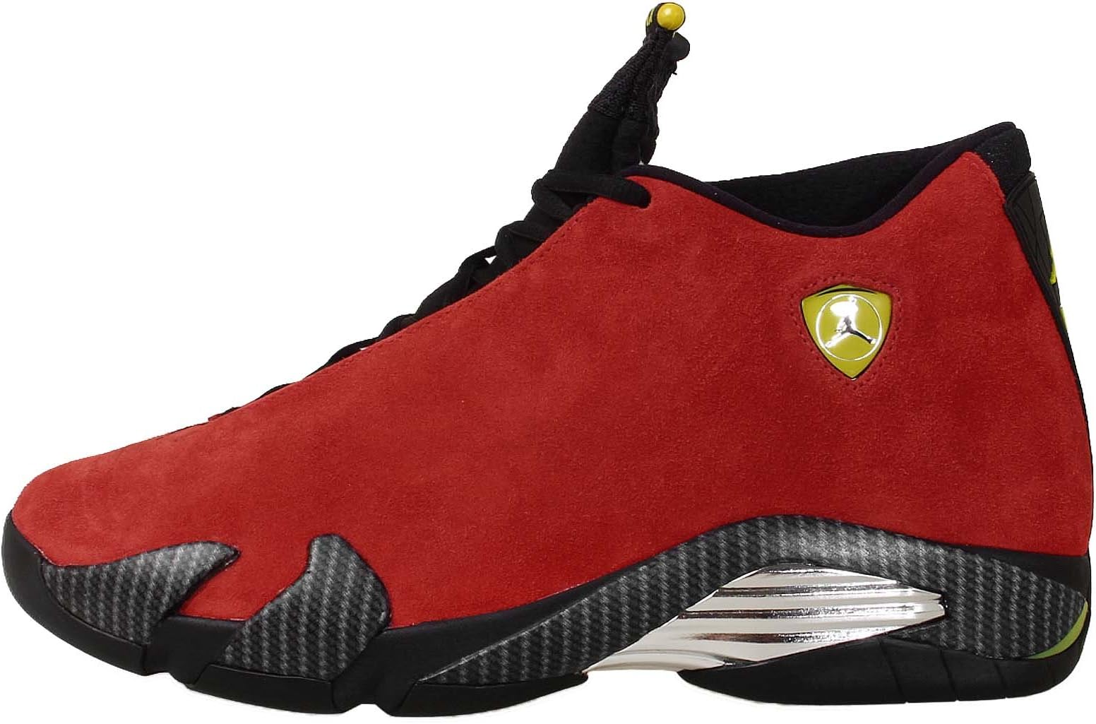 Nike Mens Air Jordan 14 Retro Ferarri Chilling Red/Black-Vibrant Yellow Suede Athletic Sneakers Size 12