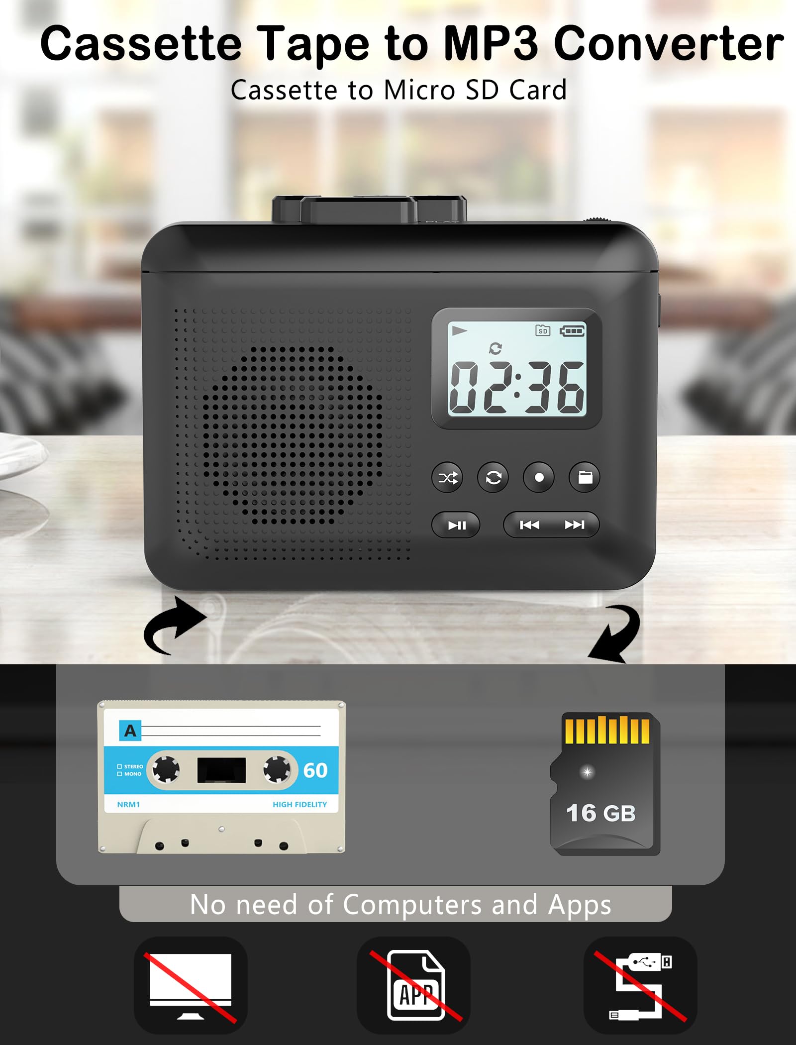 Tragbarer Kassettenspieler, Kassette zu MP3 über SD-Karte, Walkman-Kassettenspieler mit 1000 mAh Akku, eingebautem Mikrofon und Lautsprecher, Kopfhöreranschluss, 16 GB SD-Karte (schwarz)