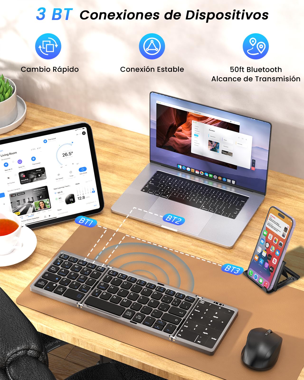 MoKo Teclado Plegable Español Ñ, Teclado Inalámbrico Bluetooth | Con Panel Táctil y Teclados Numérico, Teclados Portátil USB-C Recargable, para Windows iOS Android Tablet/Móvil/PC