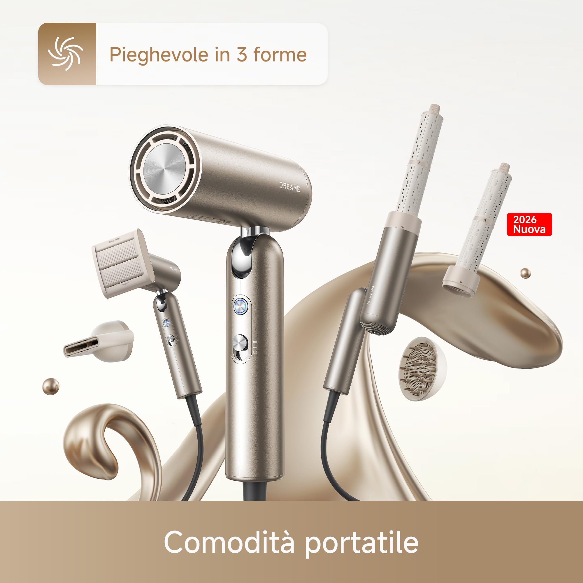 DREAME Pocket Pro Asciugacapelli ad Alta Velocità, Pieghevole in 3 Forme, con Soli 300 g, Motore da 110,000 Giri/Minuto, 300 Milioni di Ioni Negativi/cm³, 57°C, Asciugatura 40s, 2026 Nuova Versione