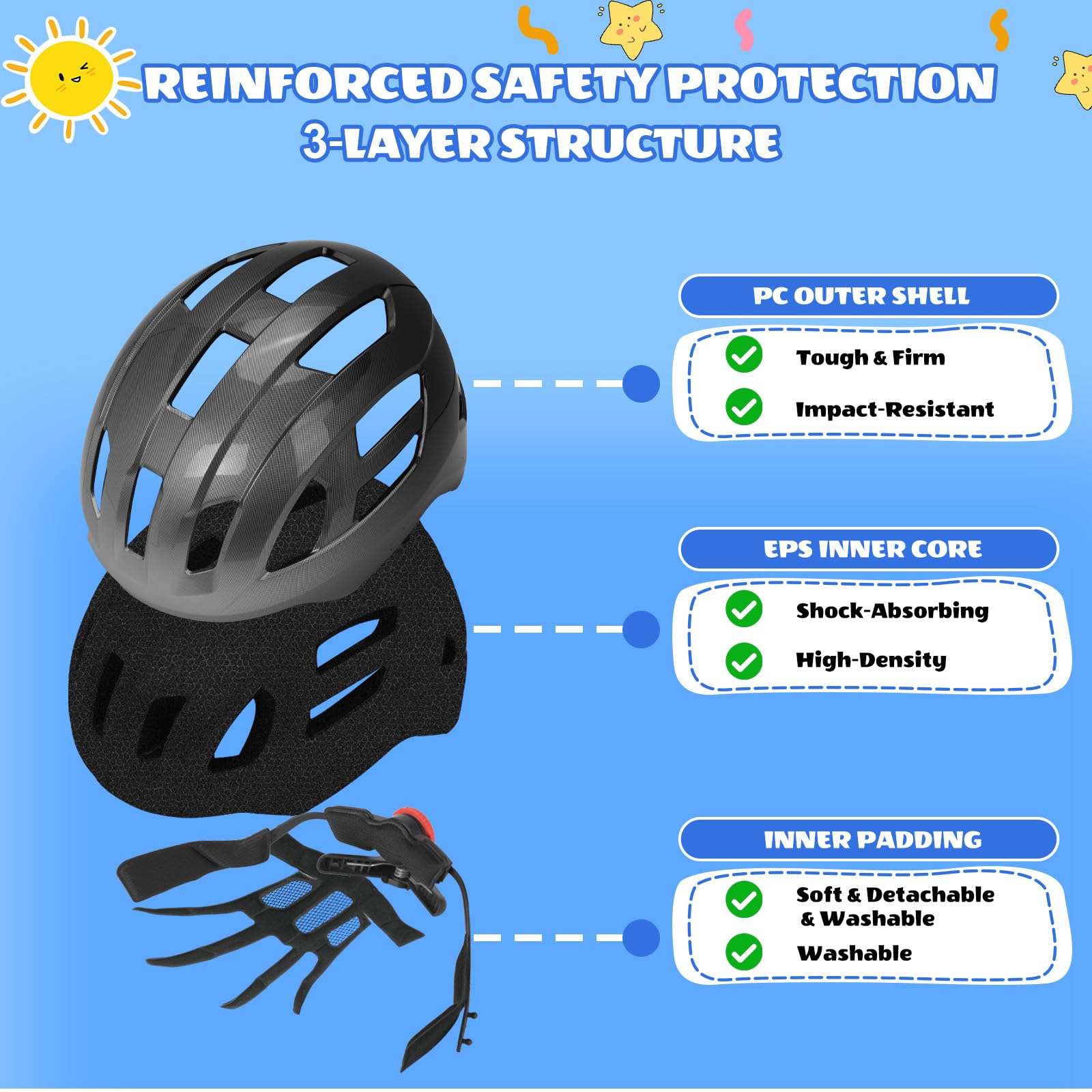 Casco da bicicletta regolabile per bambini con luce posteriore ricaricabile, leggero per sport