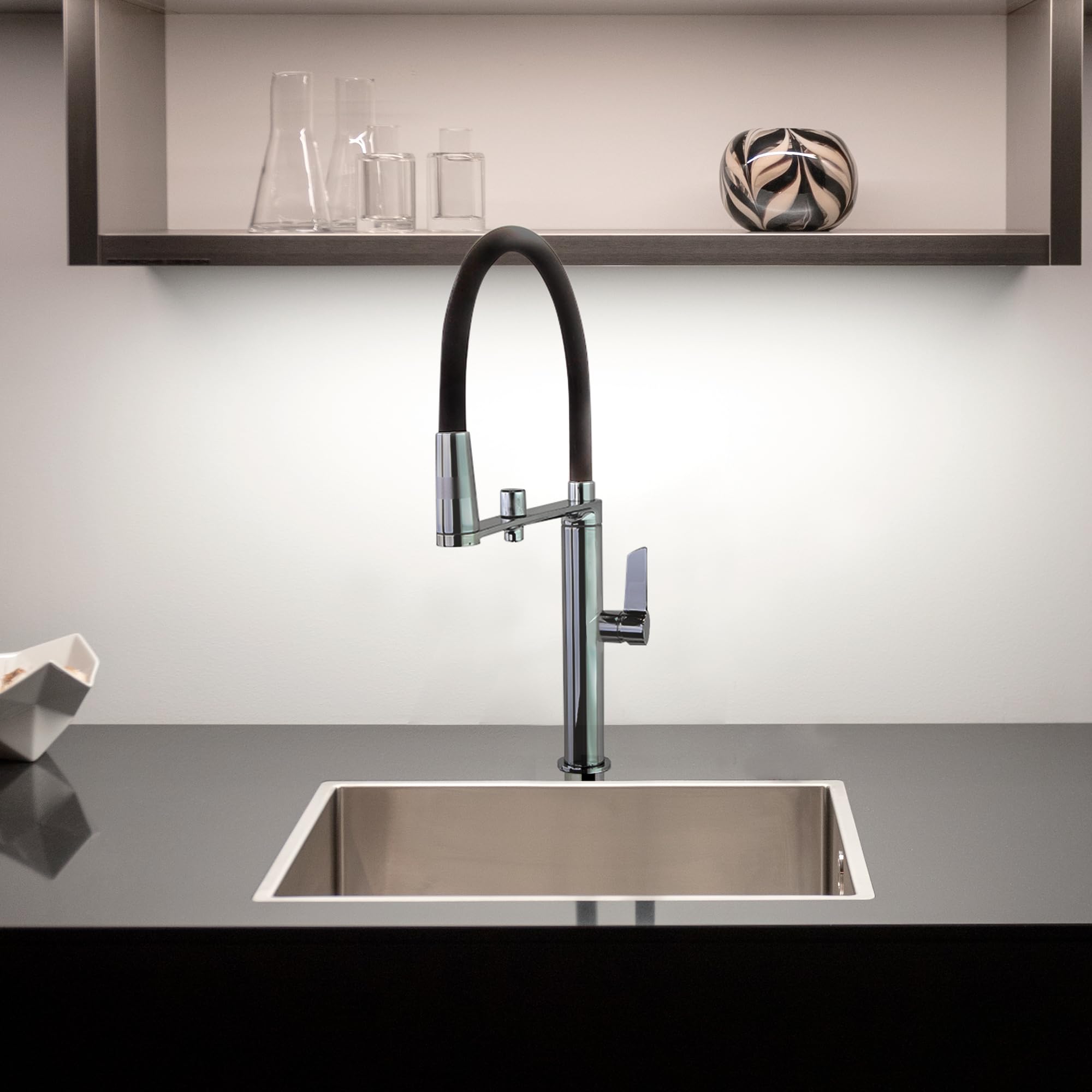 Ramon Soler Grifo Fregadero Cocina Profesional Monomando Cromado con Circuito de Agua Purificada Flexible de Silicona Negro