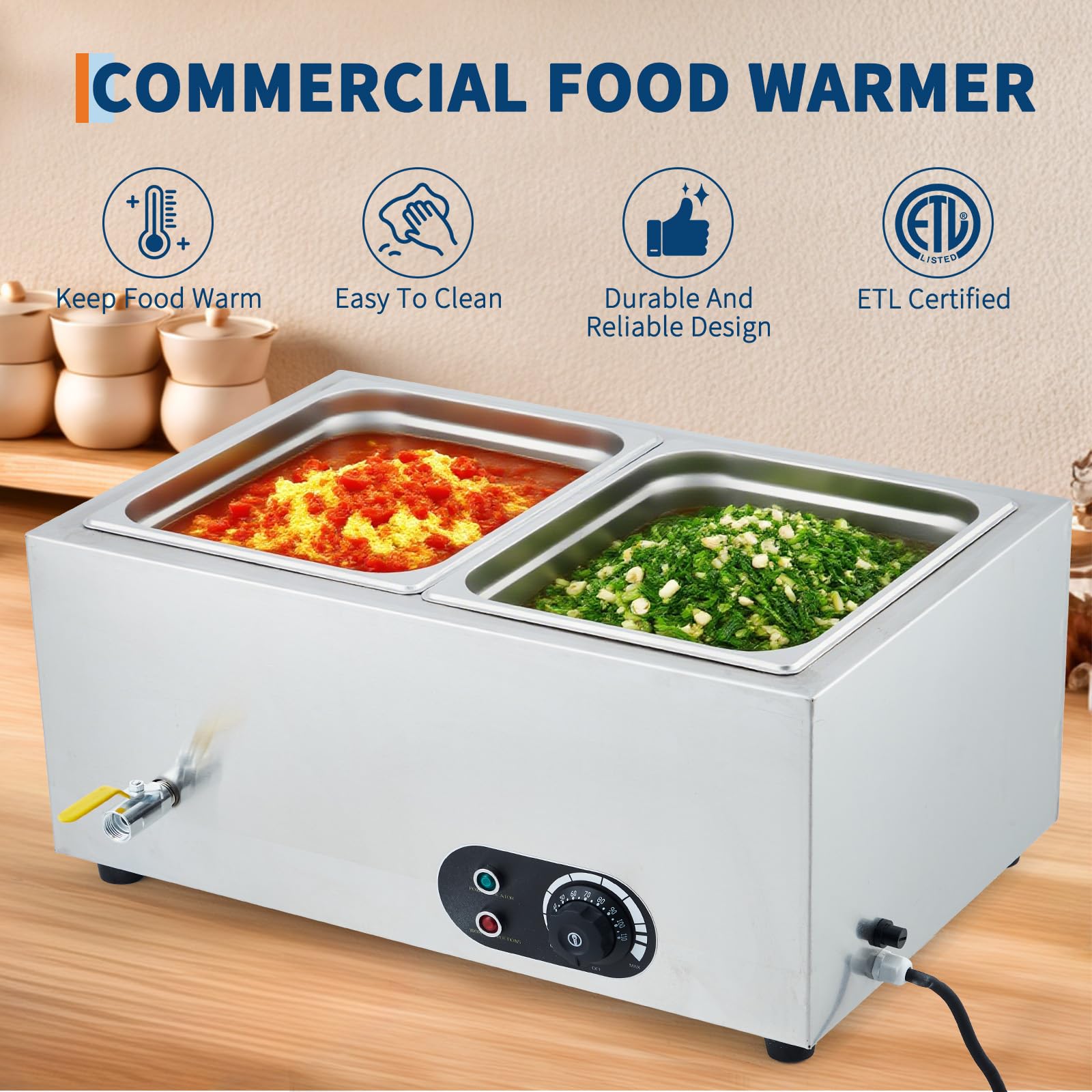 Garvee Calentador de Alimentos eléctrico Profesional – Buffet de Acero Inoxidable 1500W – 2 bandejas con Tapas – Ideal para Catering, restaurantes y Banquetes – Estación Tipo Bain Marie – 2 x 1/2 GN