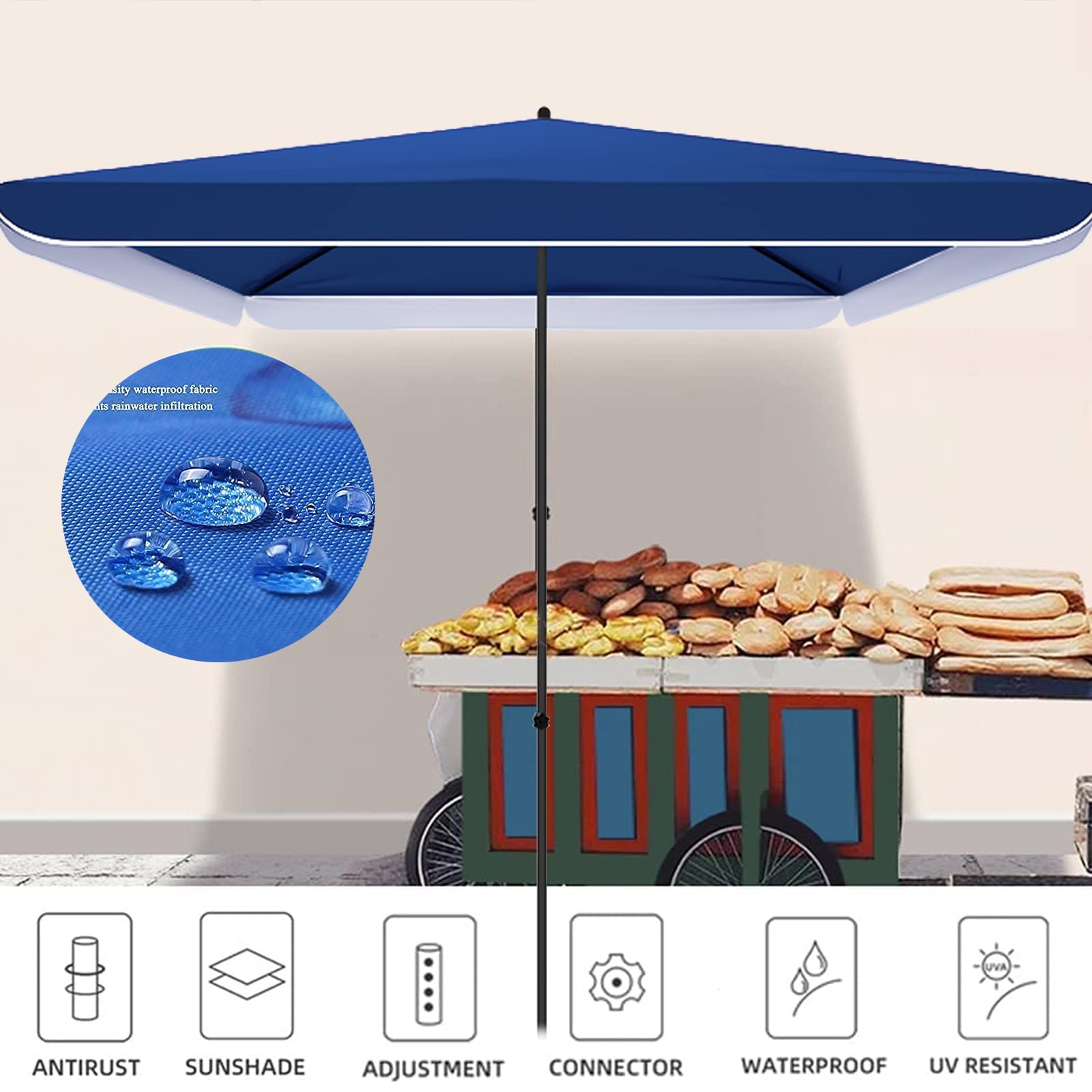 Prostokątny parasol ogrodowy, wodoodporny parasol na zewnątrz, ochrona UPF 50+, stalowa rama, torba do przenoszenia, na patio/plażę/basen, niebieski (Size : 2x2m/6.6x6.6ft)