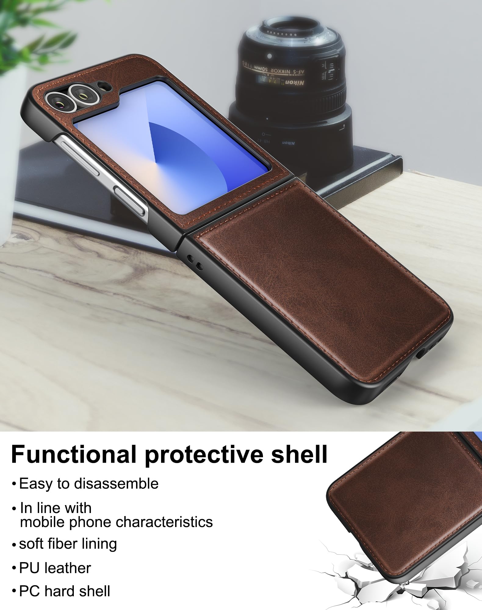 Foluu for Samsung Galaxy Z Flip 6 5G Case, Galaxy Z Flip 6 Leather Case, PU Leather + Hard PC Shell Ultra Thin Slim Durable Protective Phone Case Cover for Samsung Galaxy Z Flip6 5G 2024 (Brown)