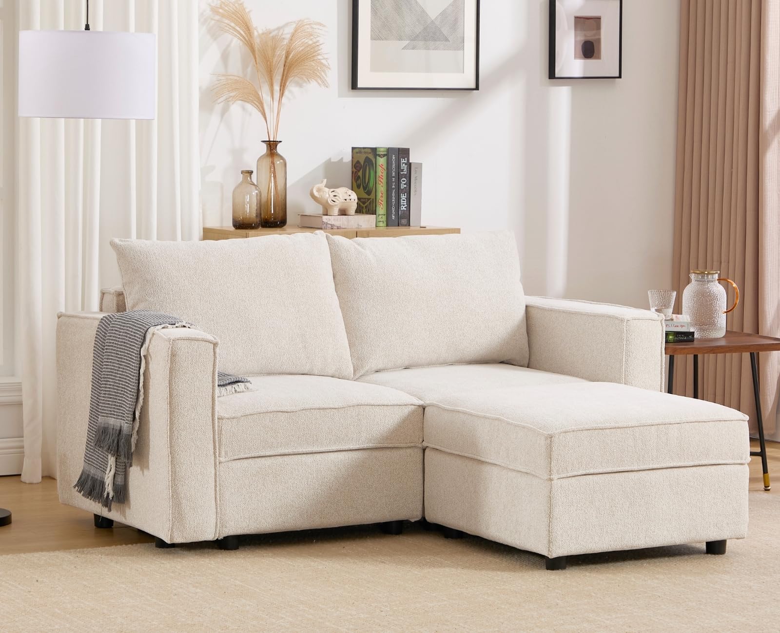 Beige Loveseat Sofa with Storage 65 Inch Small Sectional Couch 2 Seater Cozy Cloud Modular Sectional Sofa Couch with Movable Ottoman for Living Room, Apartment, Chenille Fabric