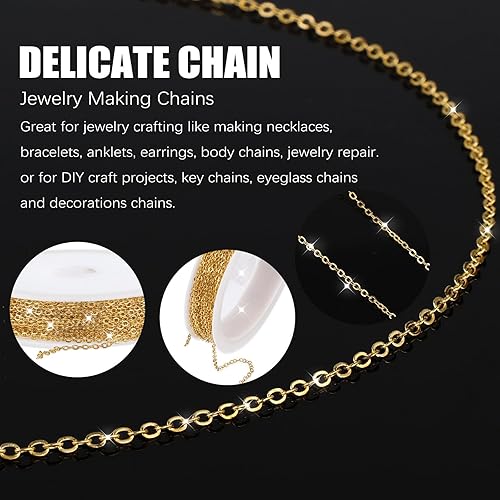 Miniatura 3 de WLLHYF Cadena chapada en oro de 196 pulgadas de acero inoxidable con 10 cierres de langosta, 30 anillos de salto, collar, aretes, pulsera,