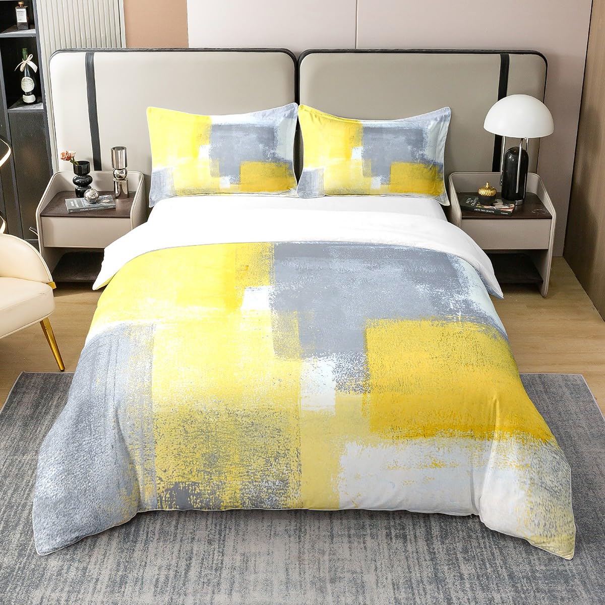 Parure de lit en coton à motif géométrique jaune gris pour lit double