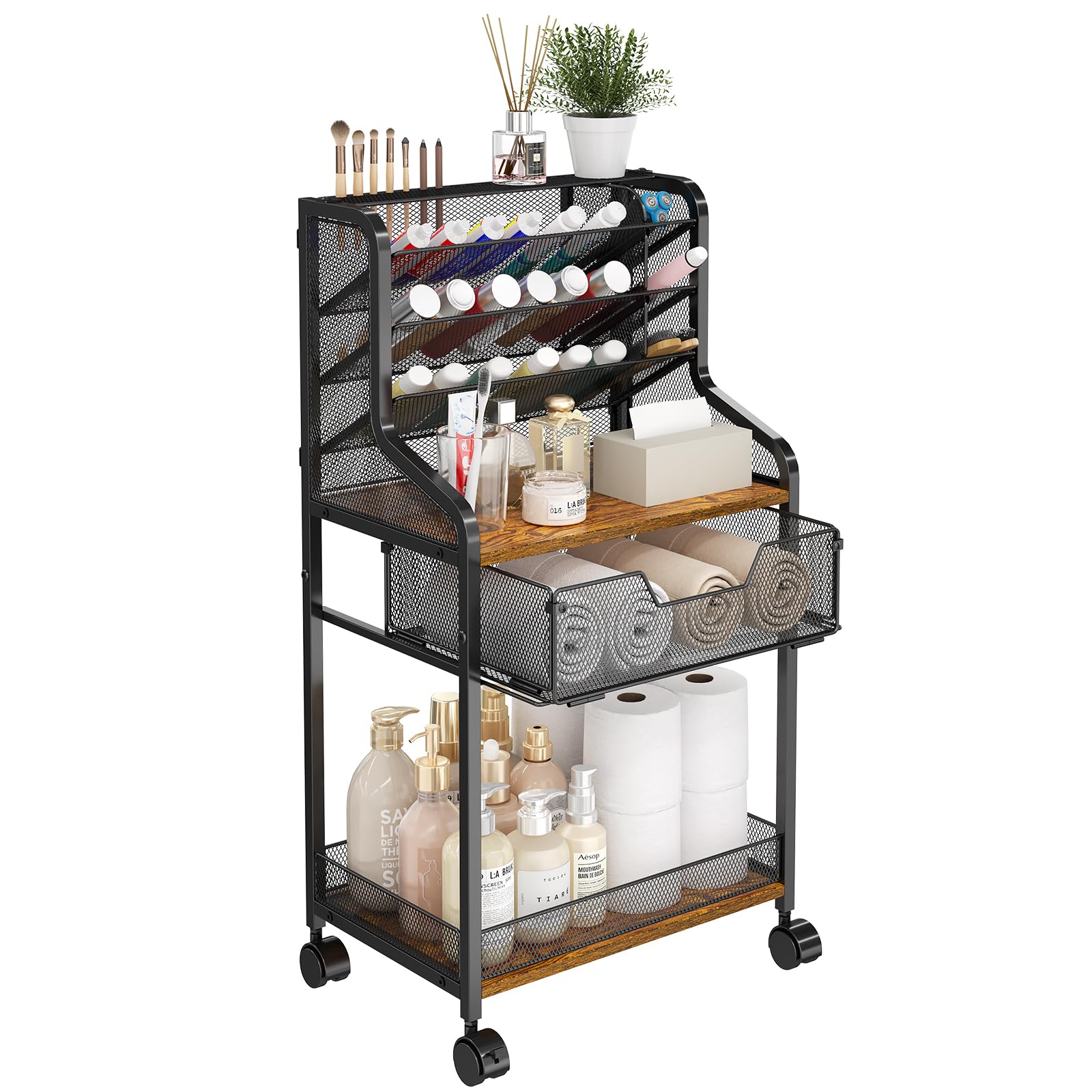 Jakyitvi 6-Tier Rolling Bathroom Storage Cart with Mesh Drawer, Metal Utility Cart with Lockable Wheels for Towels, Toiletries, and Cleaning Supplies, Organization Cart for Bathroom, Kitchen, Laundry