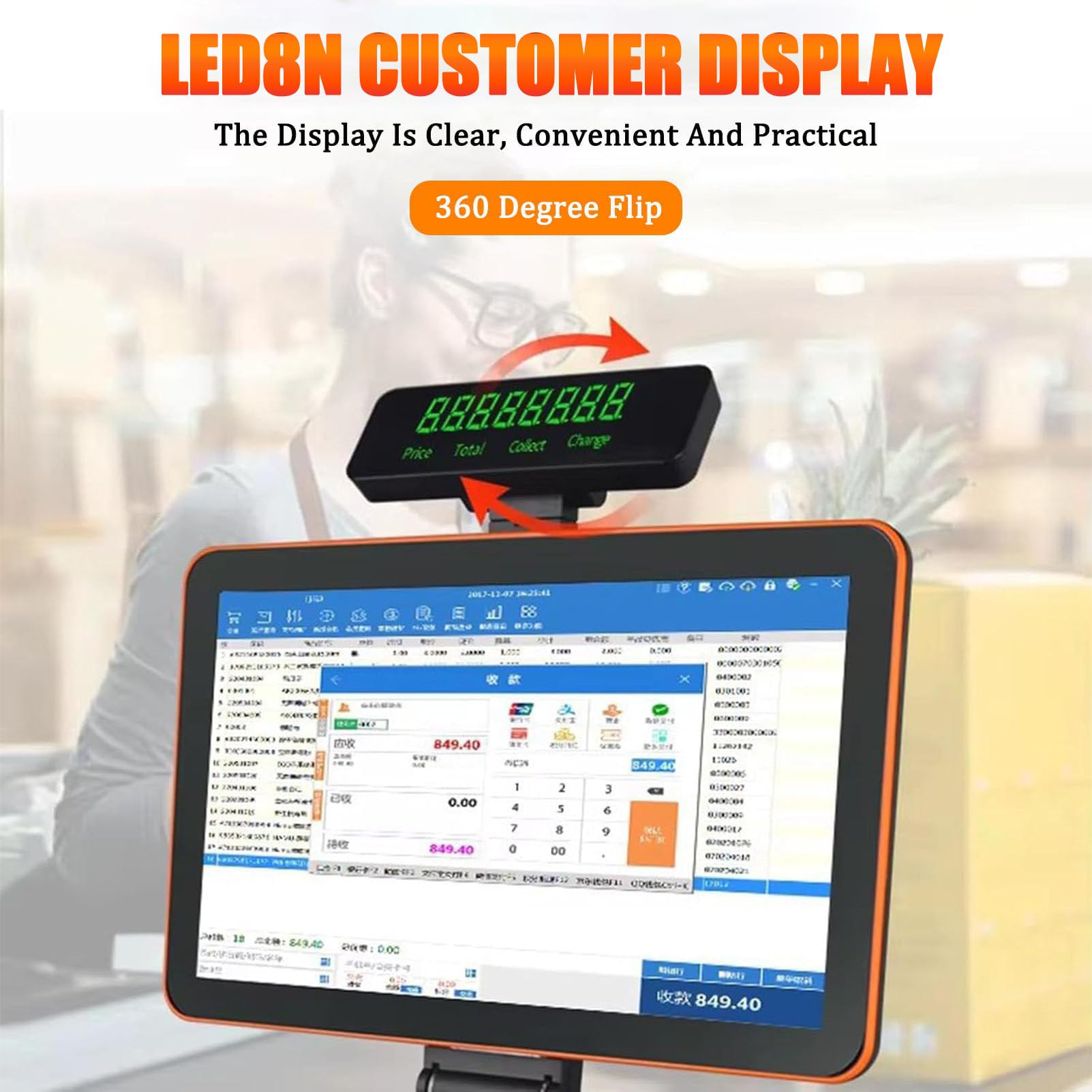 Caisse Enregistreuse Tout-en-Un,Écran Simple/Double de 15,6 Pouces, Imprimante de Reçus Intégrée, Tiroir-Caisse pour Supermarchés Restaurants et Vente au Détail SingleScreen-Black&Orange
