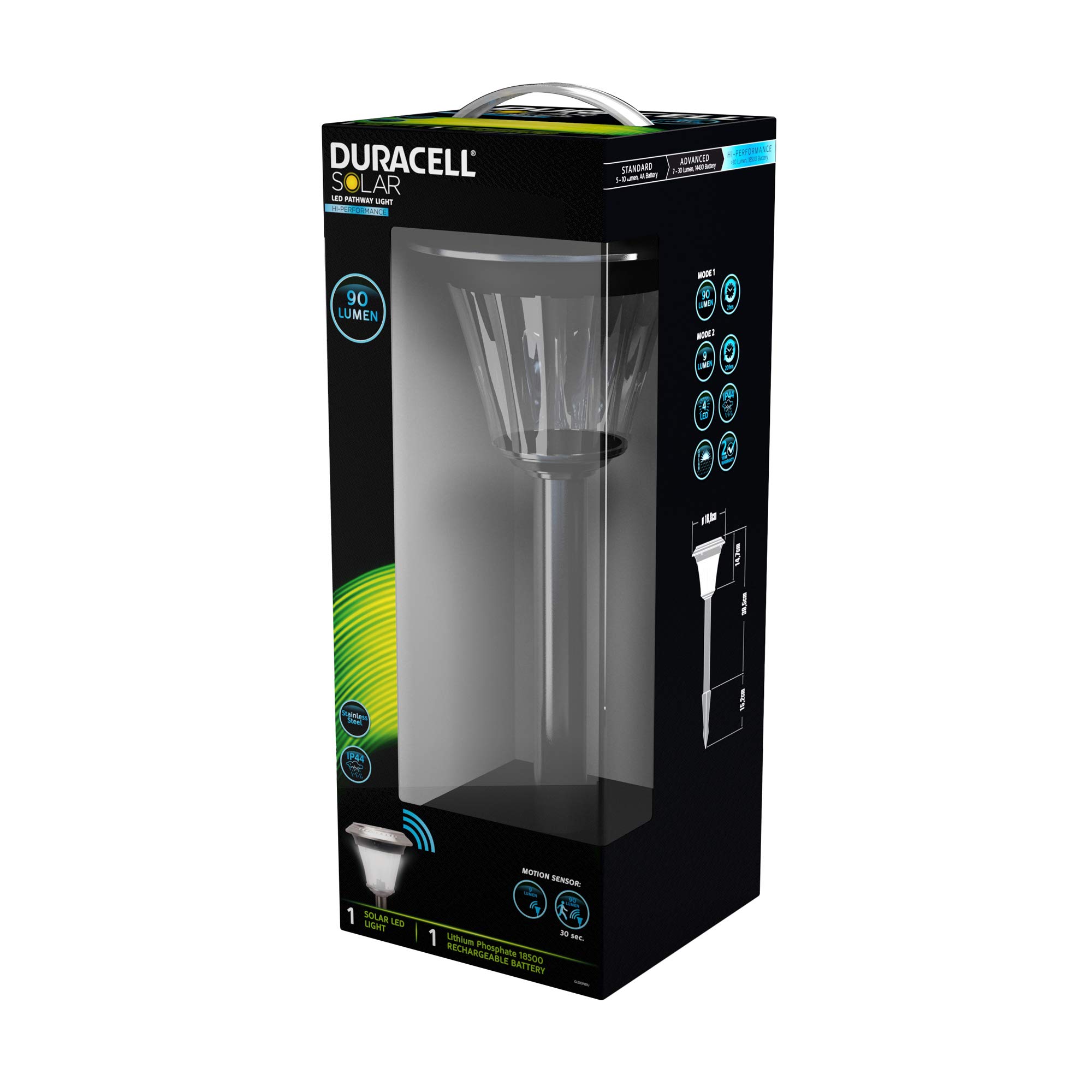 Duracell Solar LED Außenleuchte aus Glas und Stahl, Finish gebürstetem nickel mit Bewegungsmelder und enormer Leuchtkraft, 4 LED, Lithium Akku und Erdspieß aus Metall, 90 L, hellweiß GL013NDU