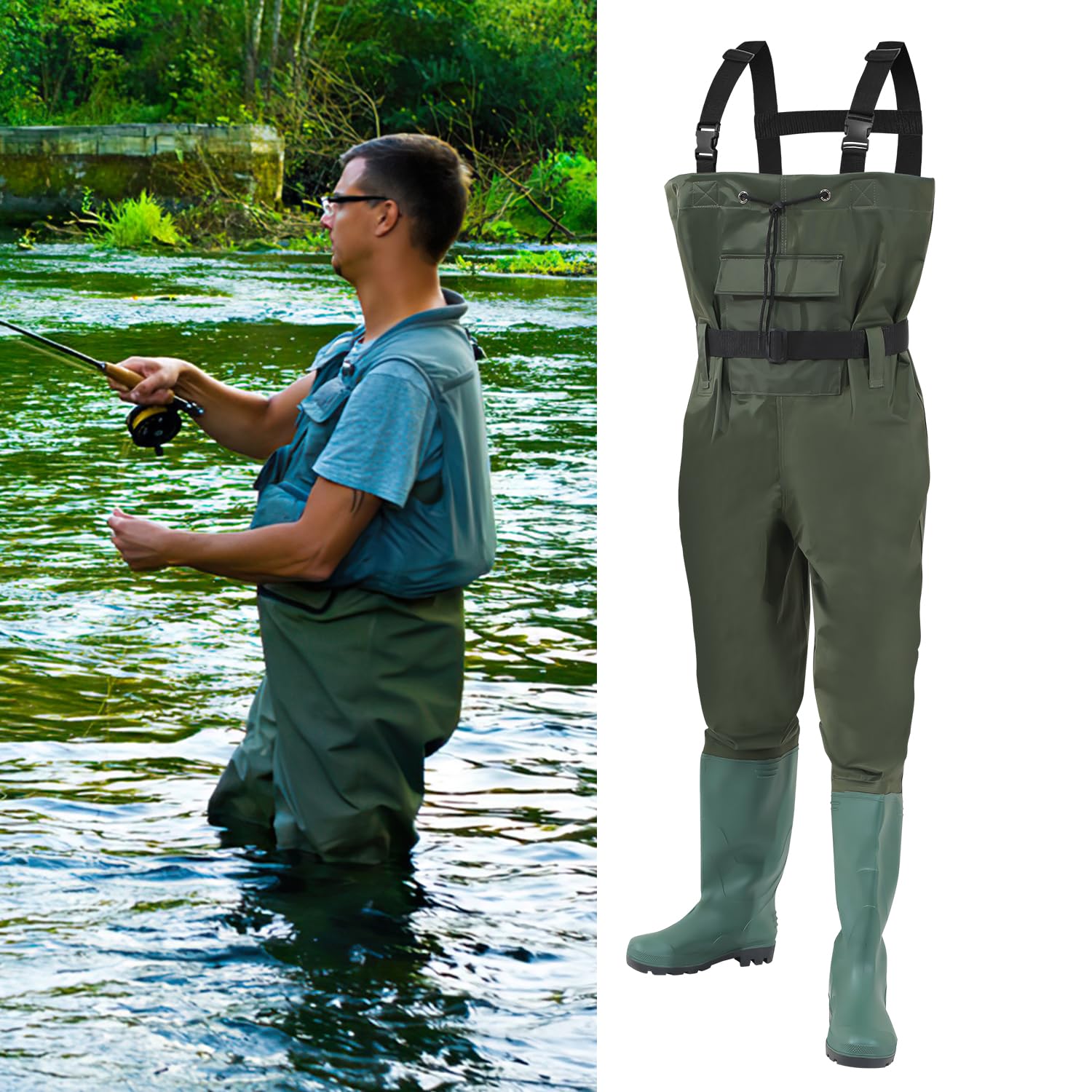 Wathose Nylon PVC Angelhose wasserdicht mit rutschfeste Gummistiefeln Hochwasserhose Fischteichhose für Angeln, Jagd, Autowäsche, Gärten