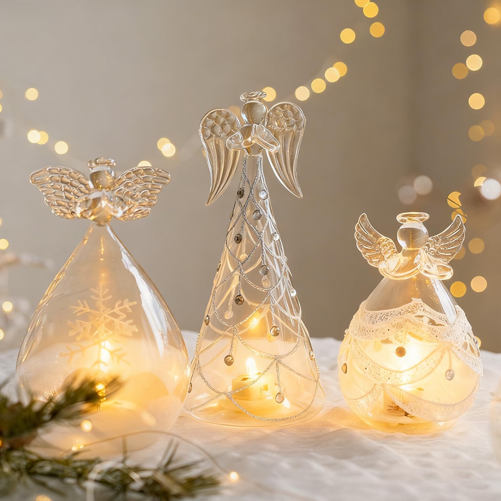 Figura de ángel con luz LED, decoración navideña, figuras de cristal, LED de ángel de Navidad iluminado, batería, decoración navideña, figuras de ángeles de la guarda, pequeñas (juego)