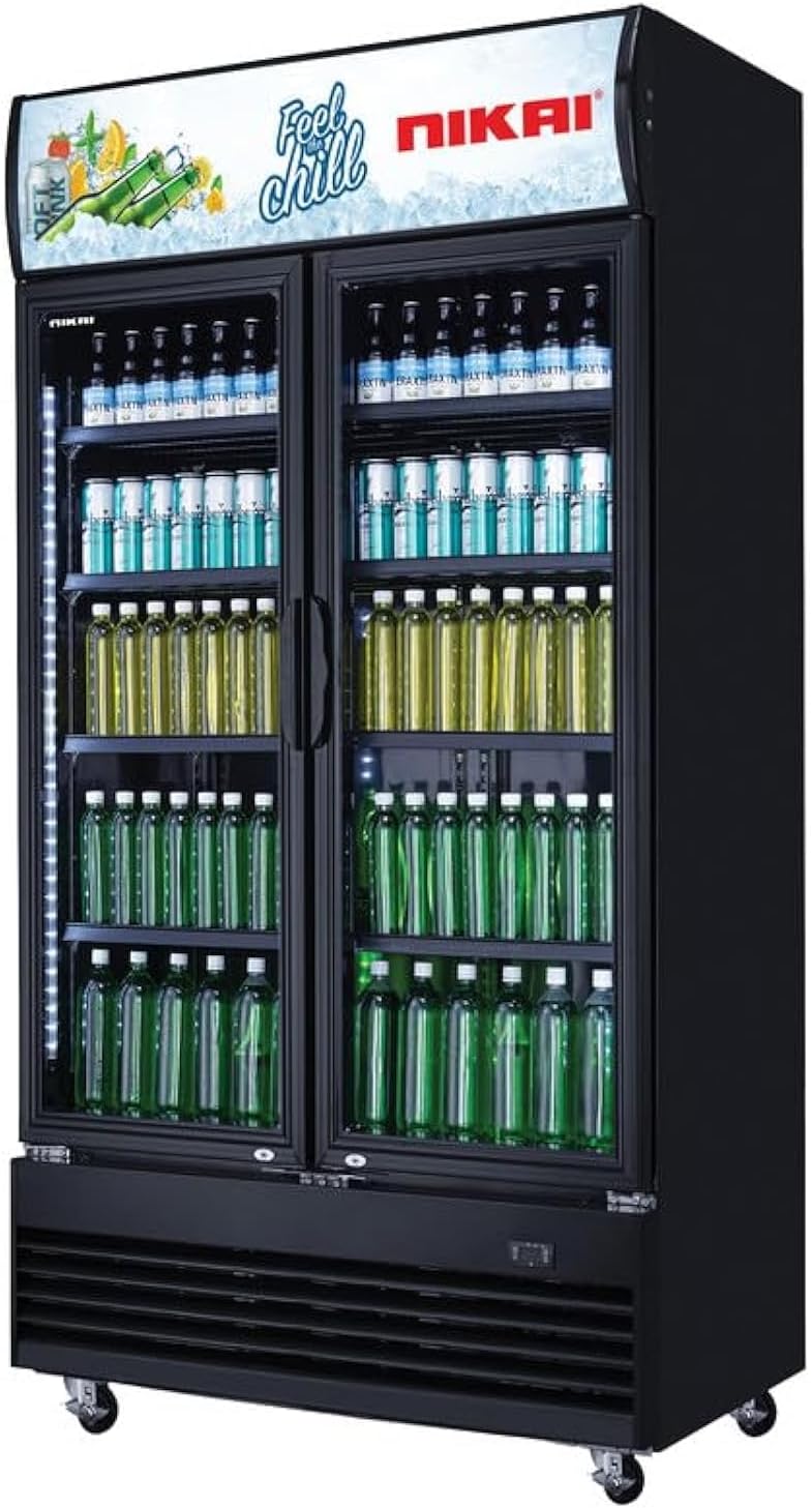 Nikai 700L Double Door Chiller Fridge Commercial | No Frost Chiller | Digital Controls & Display | Auto Defrost | Adjustable Shelves | Castor Wheels | Tempered Glass | Black Doors (NSF700FFH)