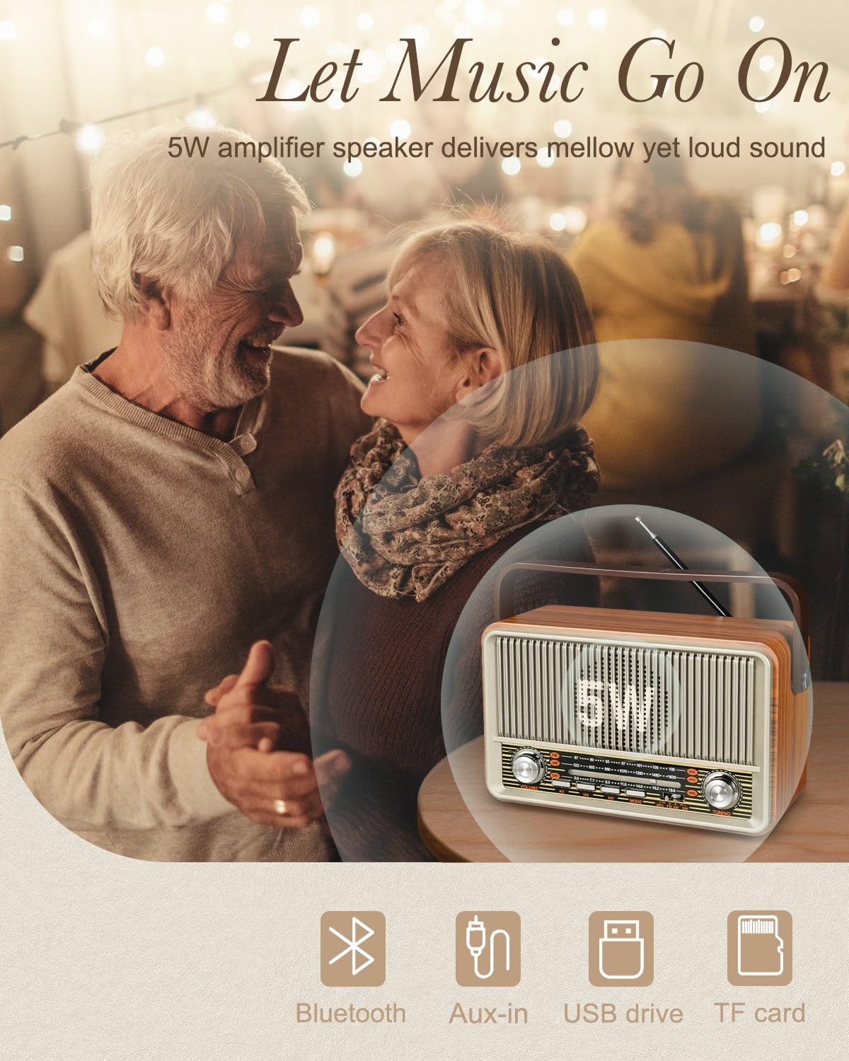 PRUNUS J-120 AM/FM/SW Vintage Radio, Draagbare Oplaadbare Radio met 1800 mAh Batterij of AC Stroomvoorziening, NostalgischeRadio met Bluetooth, Ondersteunt USB/TF/AUX Functies, Geschikt voor Ouderen