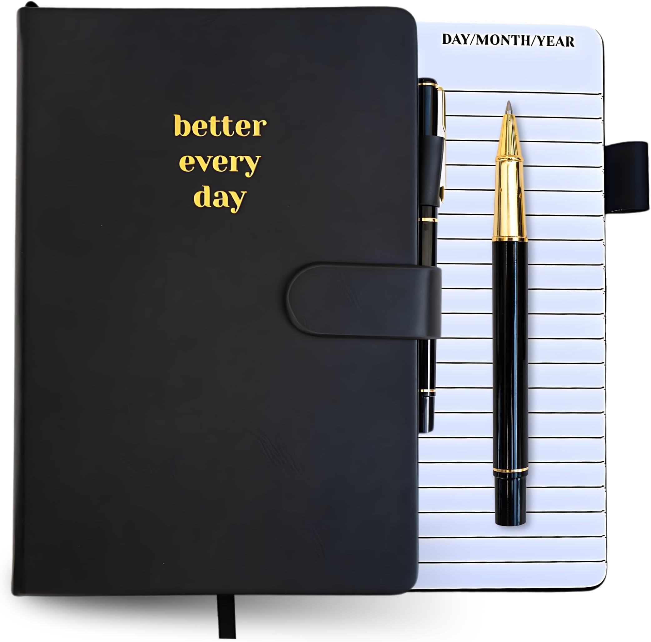 Black A5 Hardcover Notebook, 144 Pages, Lined Leather Journal with Pen, Better Everyday Journal & Daily Planner for Tasks, Checklists, Writing, Productivity, Goal Setting