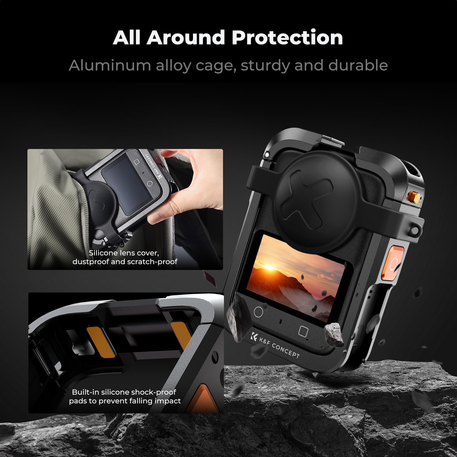 K&F CONCEPT Gabbia Metallica Compatibile con DJI Osmo 360 | Custodia Protettiva in Alluminio | Include Coprilenti in Silicone, Telaio con 2 Attacchi a Freddo e Contatti di Ricarica
