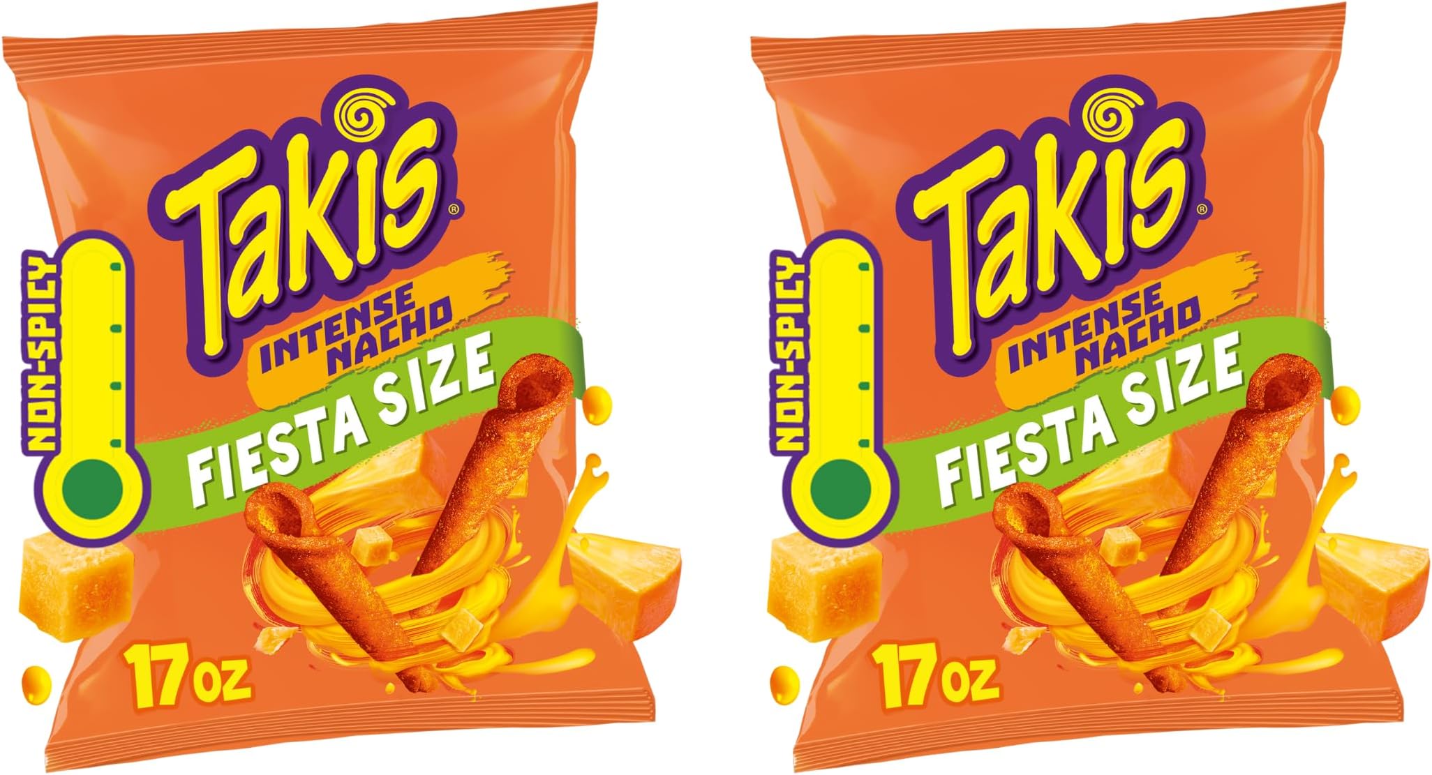Takis Intense Nacho 17 oz Fiesta Size Bag, Cheese Flavored Non-Spicy Cheesy Rolled Tortilla Chips (Pack of 2)