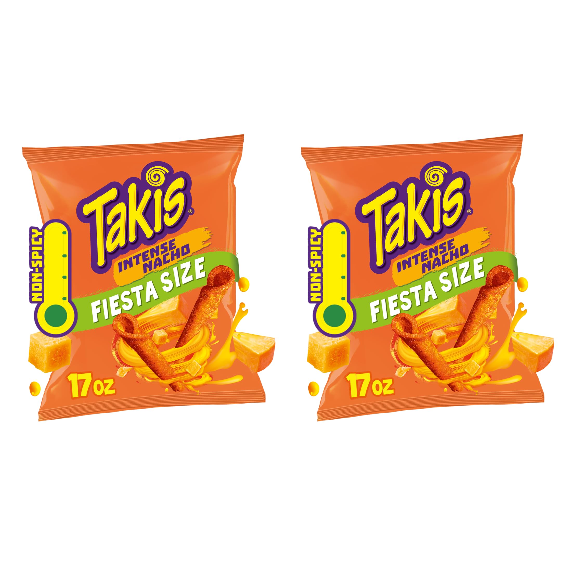 TakisIntense Nacho 17 oz Fiesta Size Bag, Cheese Flavored Non-Spicy Cheesy Rolled Tortilla Chips (Pack of 2)