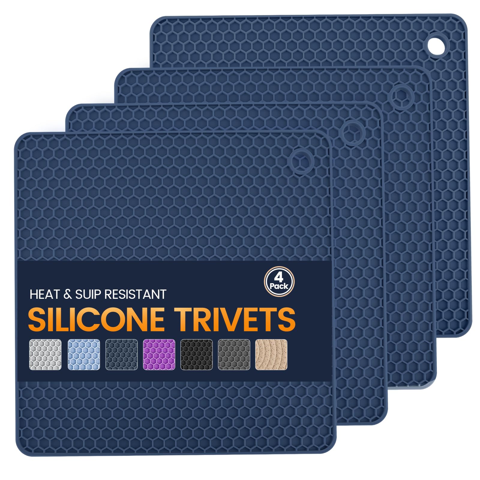 Silicone Trivet Mats 4 Heat Resistant Pot Holders Multipurpose Non-Slip Hot Pads for Kitchen Potholders, Drying mat, Jar Opener, Spoon Holder, Coaster.(Blue)