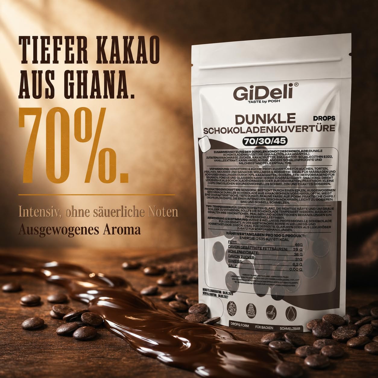 GiDeli Dunkle Schokoladenkuvertüre 70% Drops 2x5kg - Professionelle Zartbitterschokolade zum Temperieren - Kakao aus Ghana - Fließfähigkeit 45 - Ideal für Torten, Pralinen & Ganache