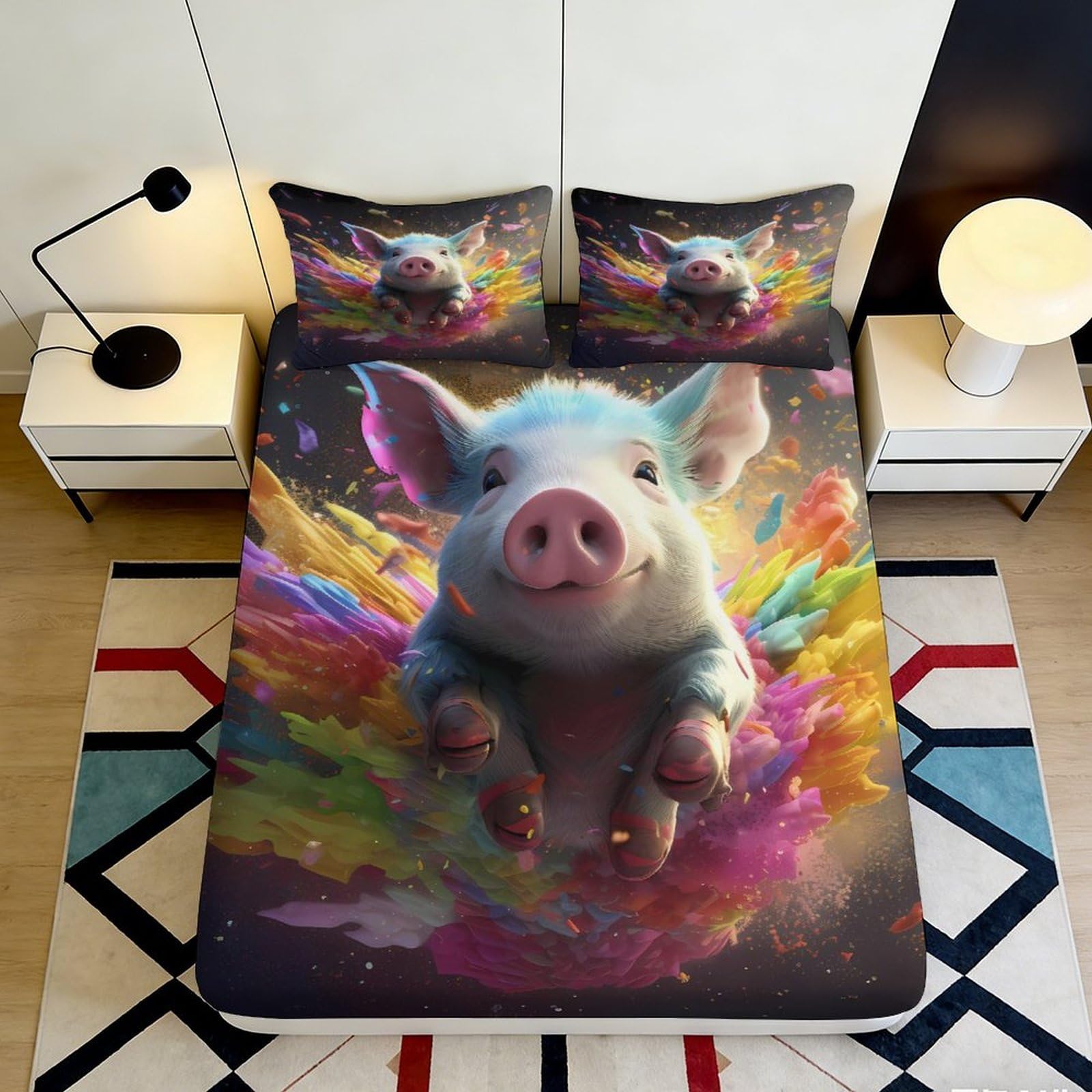 3D Printed Colorful Flying Pig Fitted Sheet Microfiber Soft Breathable Rainbow Splash Bed Cover for Bedroom Dormitory Guest Room Mattress Protection 120x200x25cm