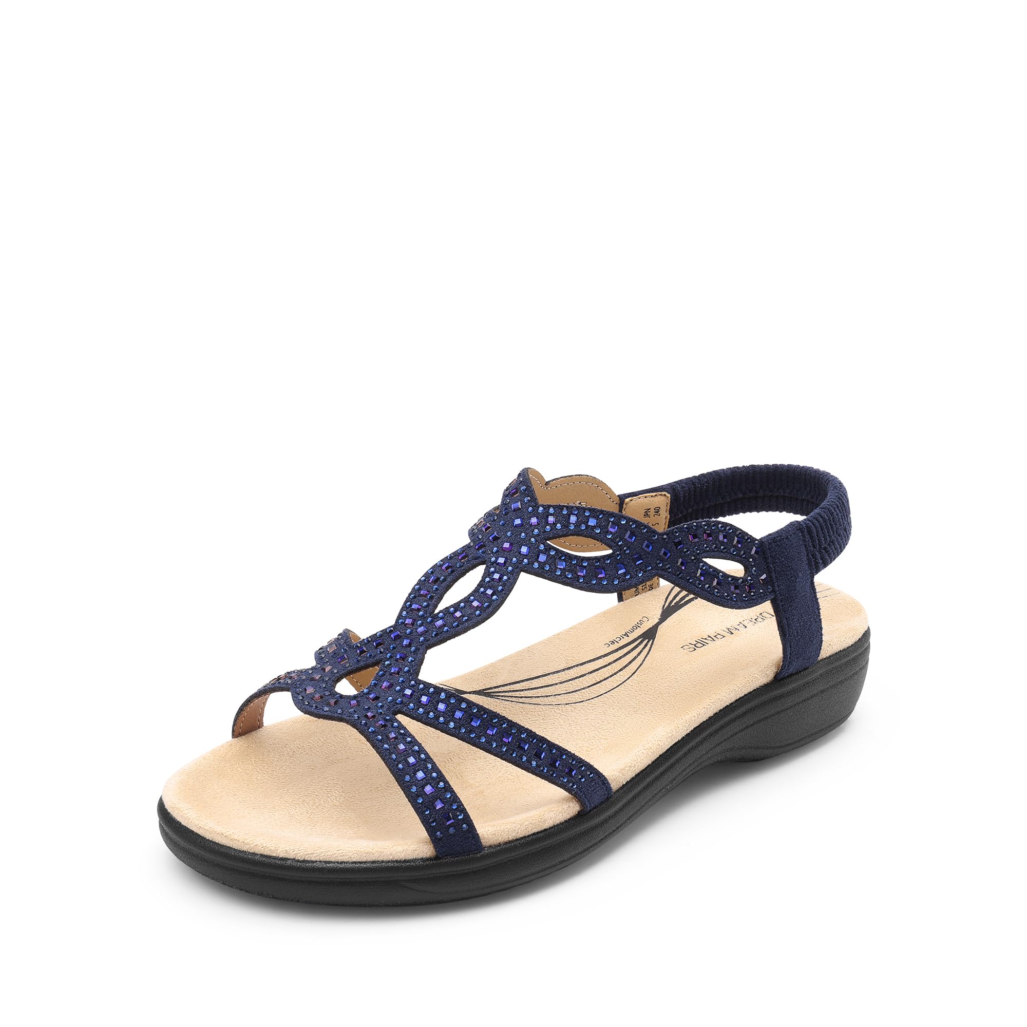 DREAM PAIRS Women's Comfort Dressy Rhinestone Summer Beach Sandals Slip-on Flat Walking Orthopedic Sandals with Elastica Back Strap
