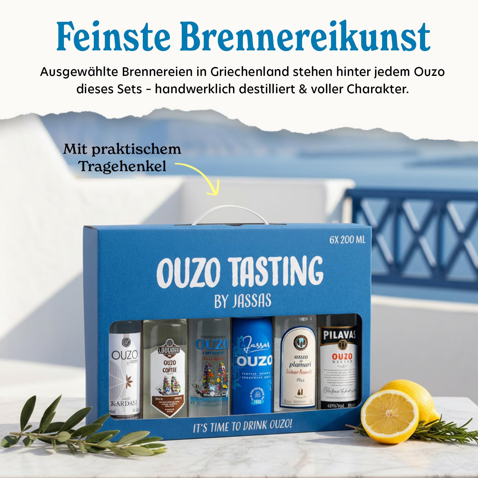 Jassas Ouzo Tasting Set 6x200ml Variante 1 - Probierset mit 6 Sorten - feinste Spirituosen in praktischer Geschenkbox - traditioneller Familienbetrieb