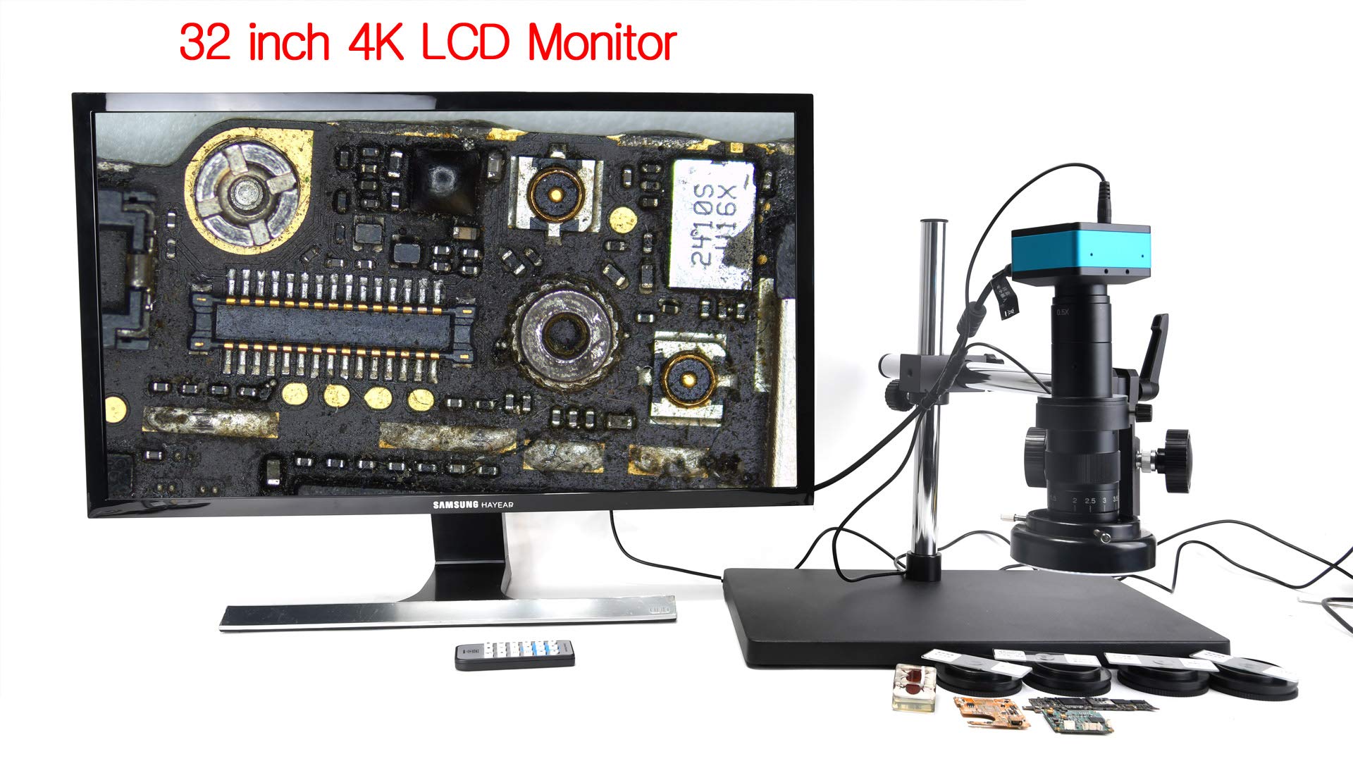 HAYEAR Kit de cámara de microscopio HDMI 4K para laboratorio industrial PCB salida USB TF tarjeta grabadora de video + lente de montaje C 180X + soporte estéreo grande + luz LED 144