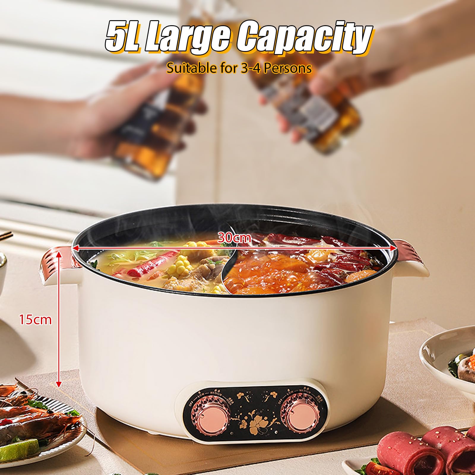 Hot Pot, pentola elettrica da 5 l, riscaldamento rapido, doppia manopola, 1350 W, rivestimento antiaderente, 3 livelli temperatura, zuppa pasta bistecca