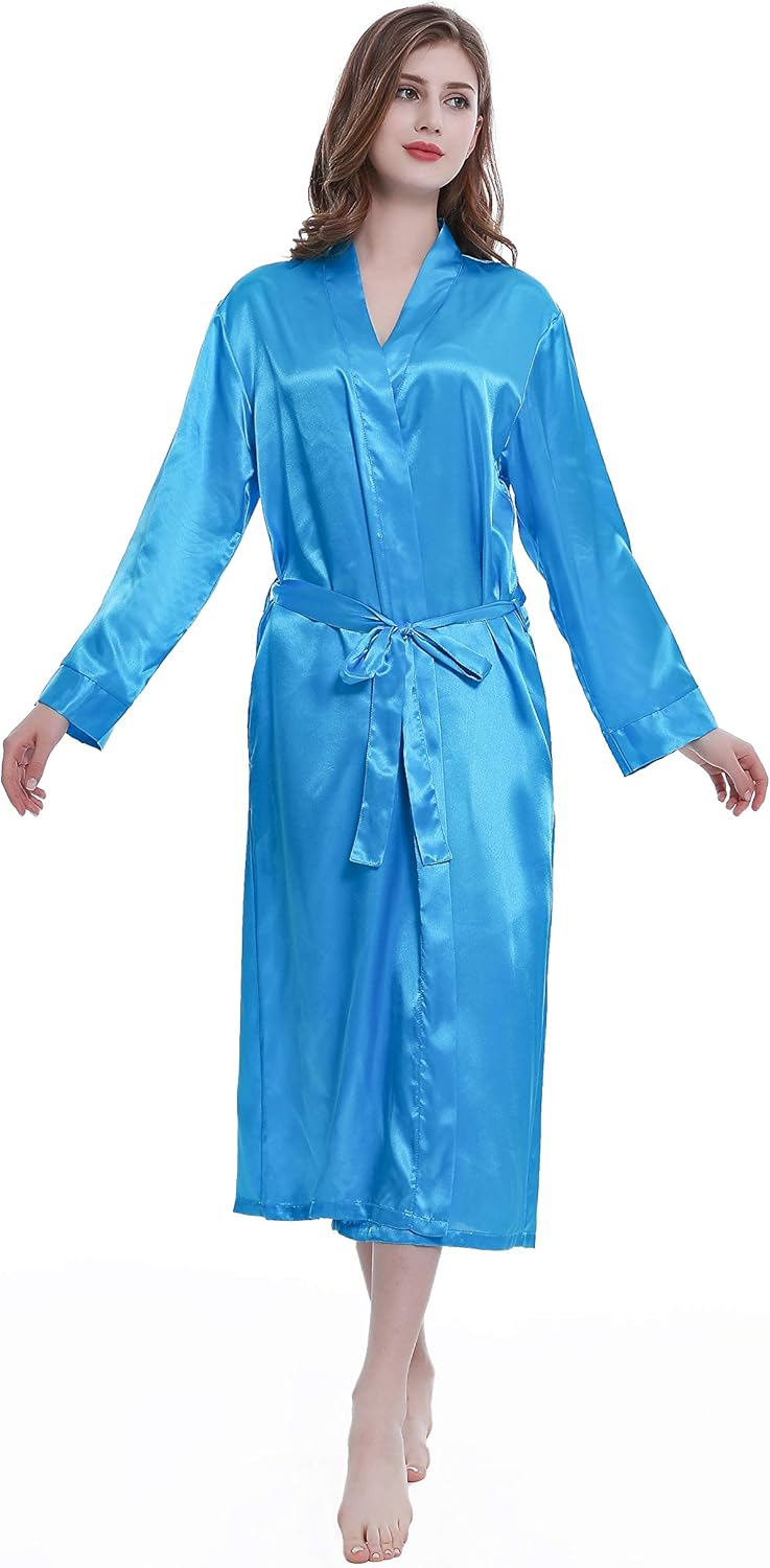 Lavenderi Women's Satin Kimono Robe - Long Classic Satin Lounge Bathrobe