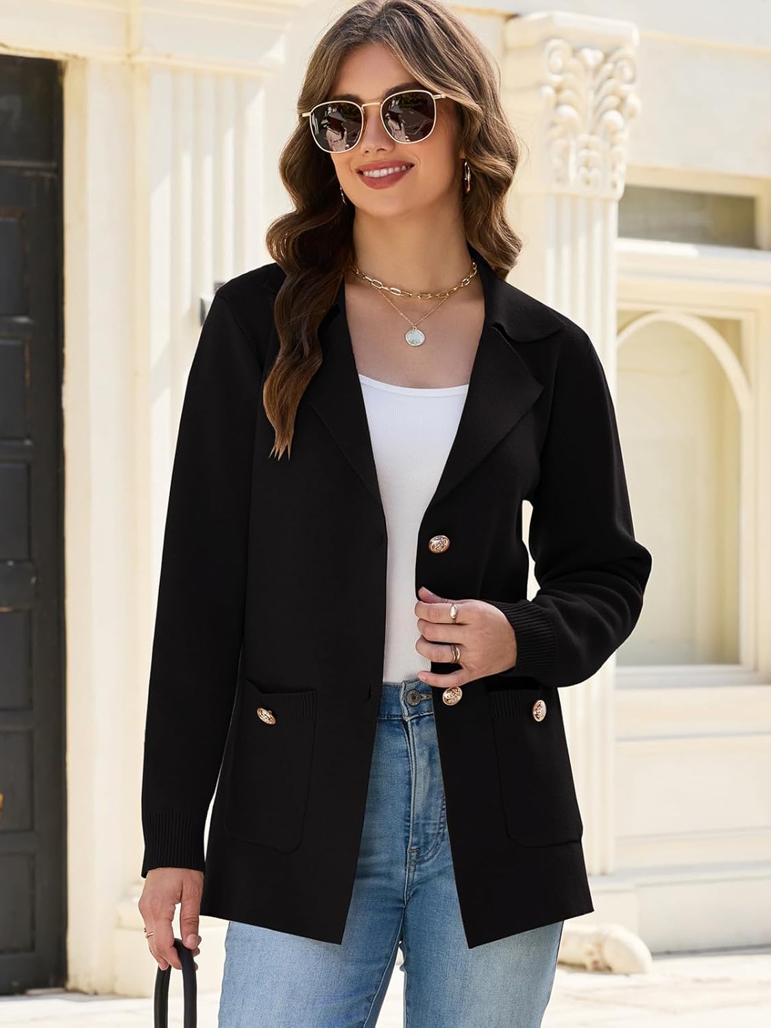 HOUZONIY Sweater Blazers for Women Business Casual Long Sleeve Open Front Lapel Suit Jackets Work Soft Blazer with Pockets - Image 3
