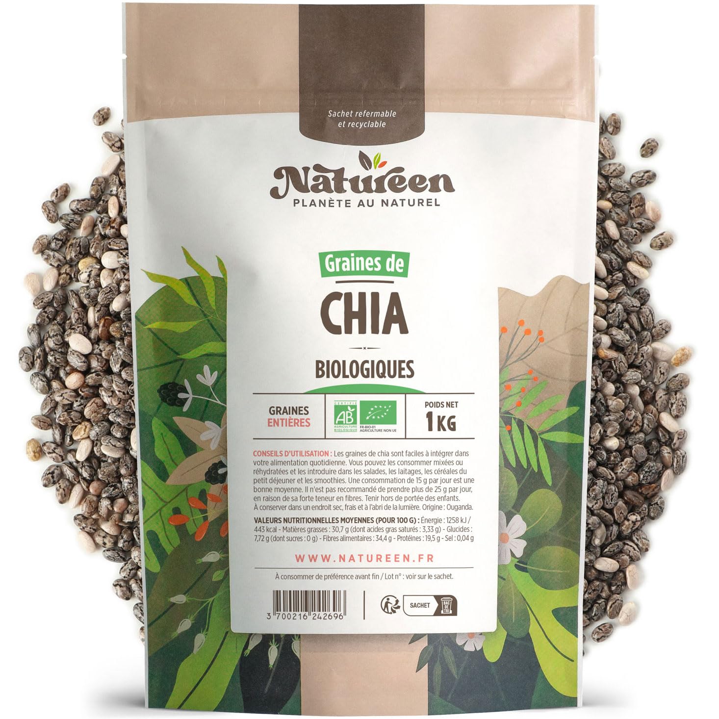 Graines De Chia Salvia Hispanica 2 Kg – Sans Gluten, Riche En Protéines Et Oméga-3
