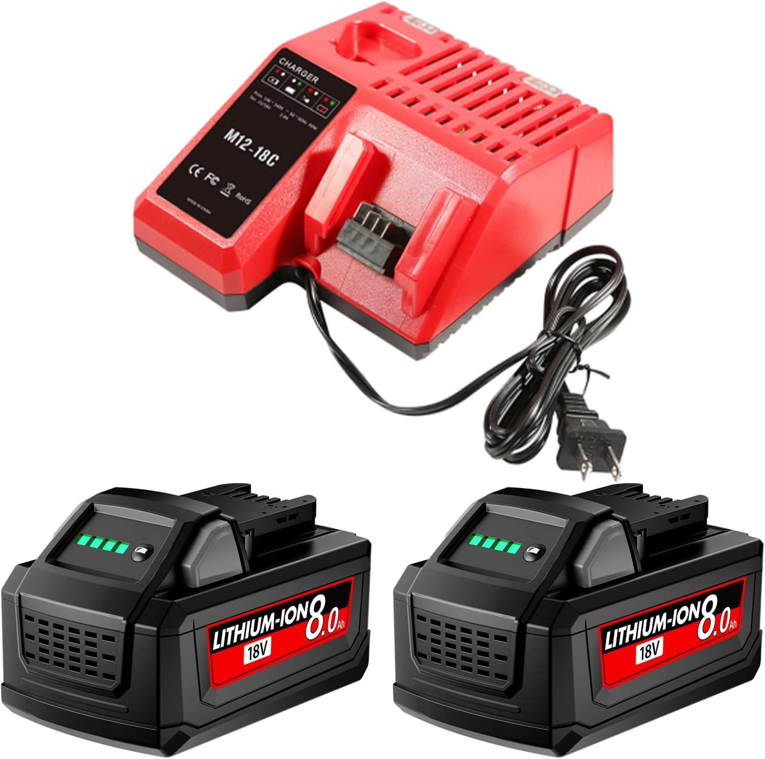 JUNWOOD 2Pack 8.0Ah 18V Replacement for Milwaukee M18 Battery and Charger 18 Volt Battery with Charger Compatible with 48-11-1810 48-11-1820 48-11-1850 48-11-1828 48-11-1860 48-11-1880 Cordless Tools