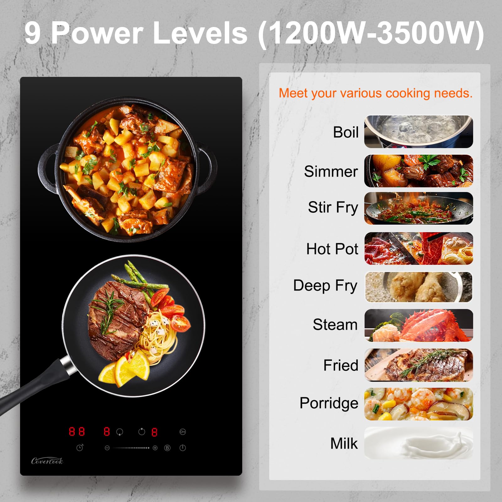 COVERCOOK 2 Ring Electric Hob, Built-in 30 cm Induction Hob, Double Electric Hob with Boost Function, Slider Touch Control, Timer, Child Safety Lock, 9 Power Levels, 3500W, Hard Wired, No Plug — view 6