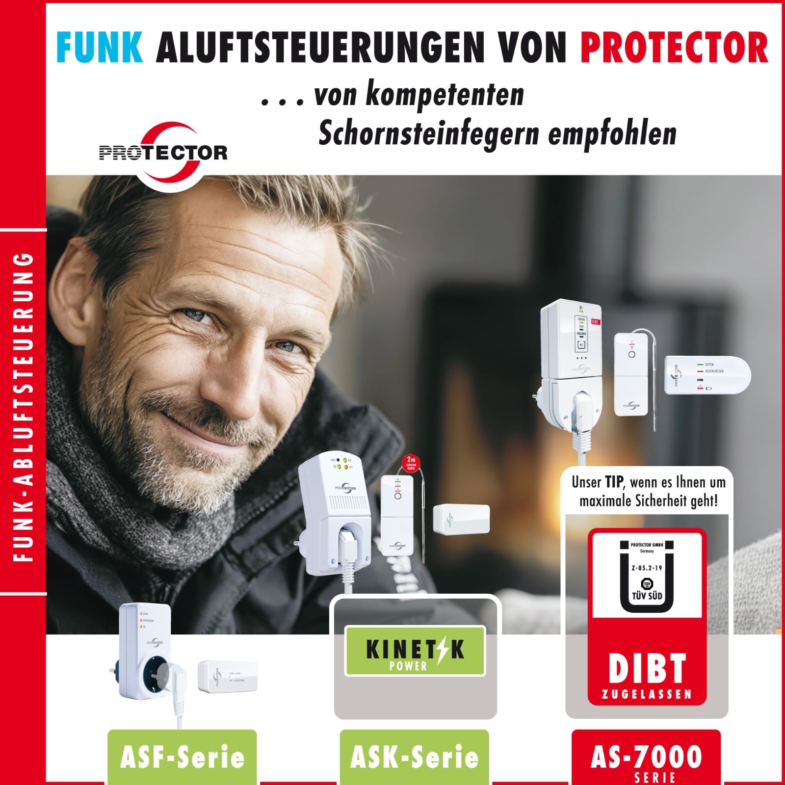Protector AS-5120 Funk-Abluftsteuerung mit Mini Fensterkontaktschalter & Funksteckdose für Dunstabzugshaube & Kamin, Zuluftwächter, Fensterkontaktschalter Funk mit DIBT-Zulassung & Umstecksicherung