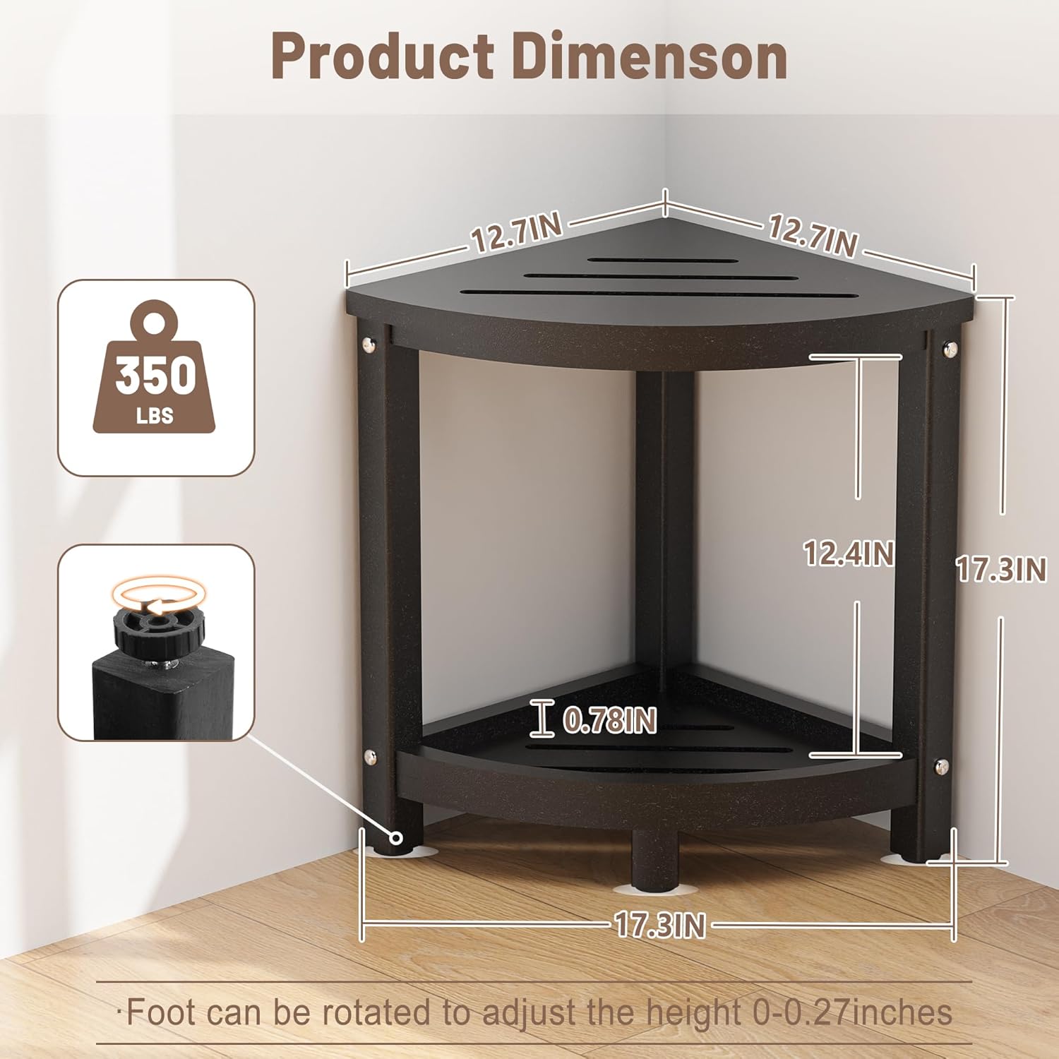 Shower Stool - Corner Bench Seat with HDPE Waterproof Shaving Legs, Baffle Storage Shelf, Indoor/Outdoor Use, Black