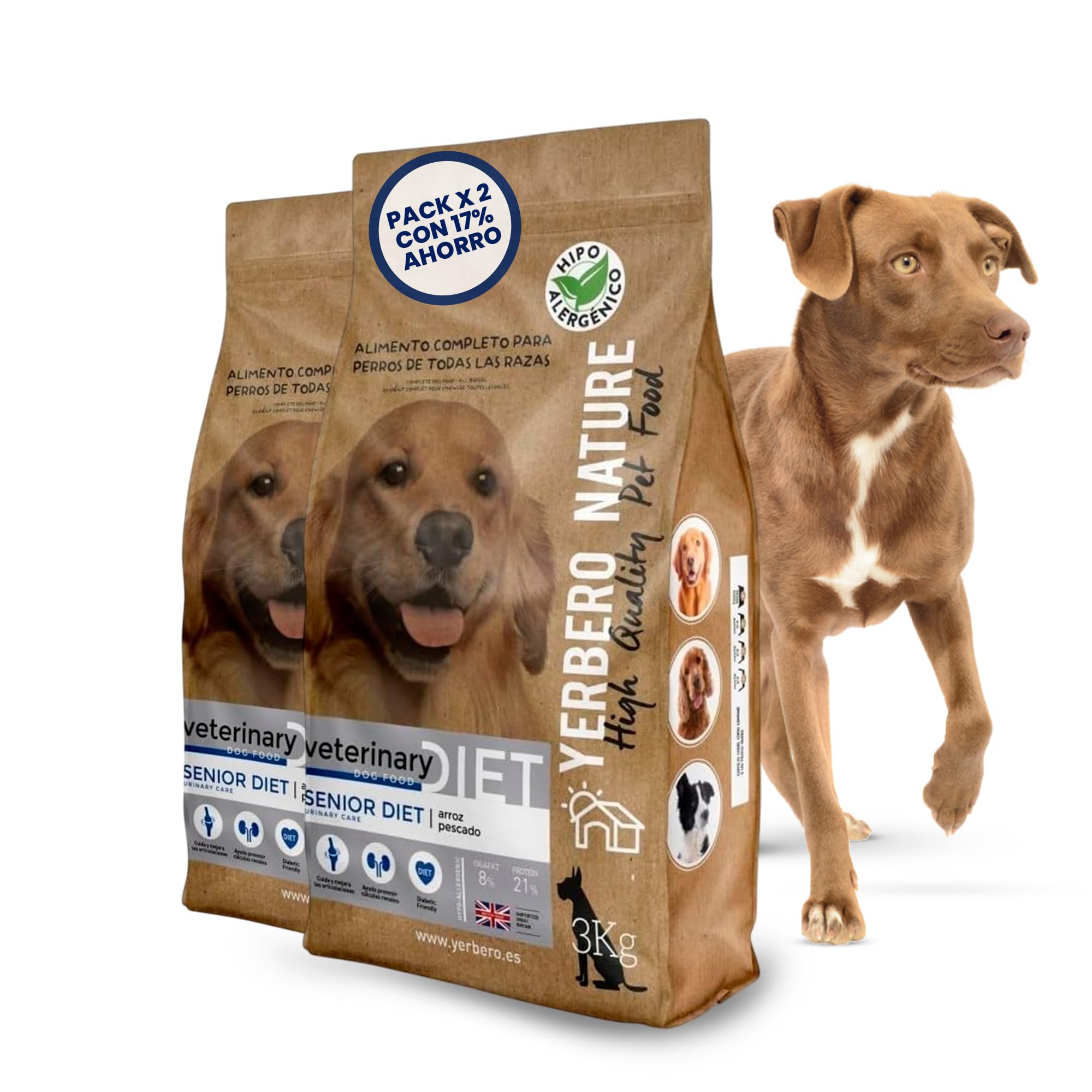 Yerbero Nature Senior Diet Pienso Hipoalergénico para Perros Mayores con Pescado, Pienso Bajo en Grasas para Mayores de 8 Años con Vitaminas, Comida Perros para el Cuidado Articulaciones Pack 2 de 3kg