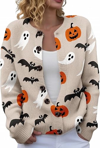 Halloween Sweaters for Women Button Down Cute Print Knit Outerwear Sweater