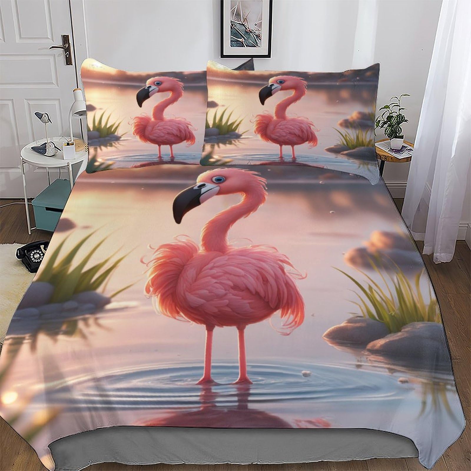 Parure de lit flamant rose 3 pièces 200x200cm avec housse de couette et taies