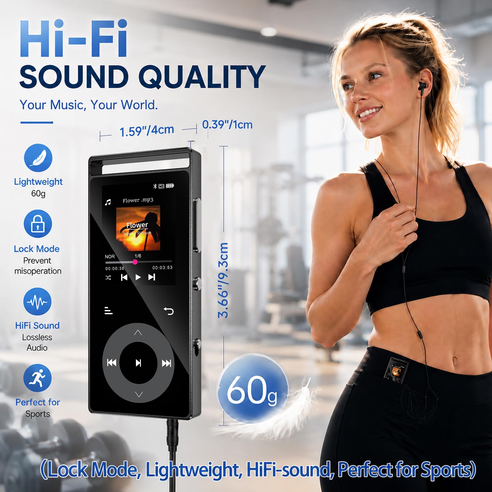 90GB MP3 Player Bluetooth 5.3, HiFi-Sound MP3-Player mit Touch-Tasten | MP3 mit Musik, Farbdisplay, Metallgehäuse, E-Book, FM-Radio, Kopfhörer, Speicher bis 128 GB erweiterbar (Schwarz)
