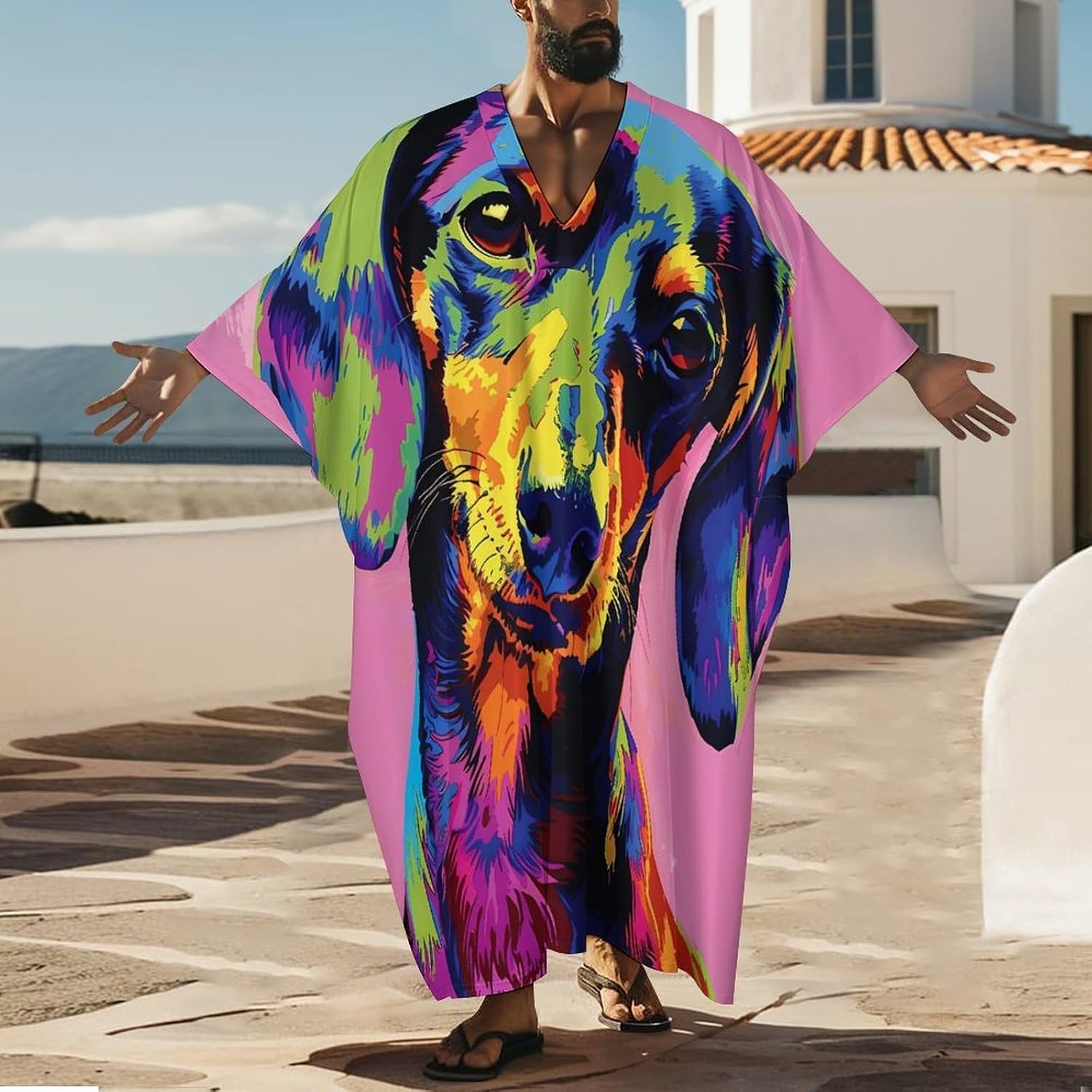 Colorful Dachshund Dog Pop Art Men's Kaftan Thobe V-Neck Long Gown Loose Robe
